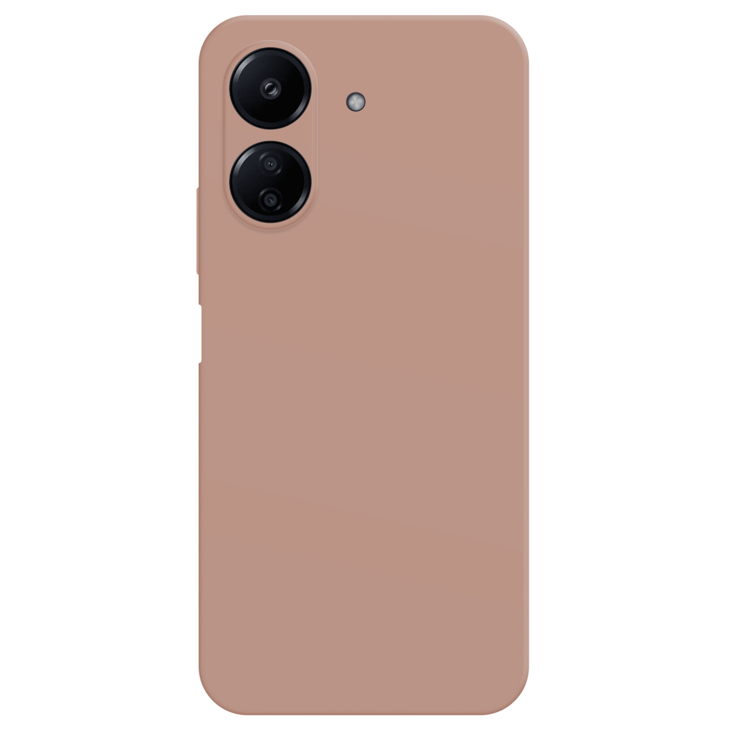 Une coque de téléphone marron clair avec deux lentilles d'appareil photo et un flash.