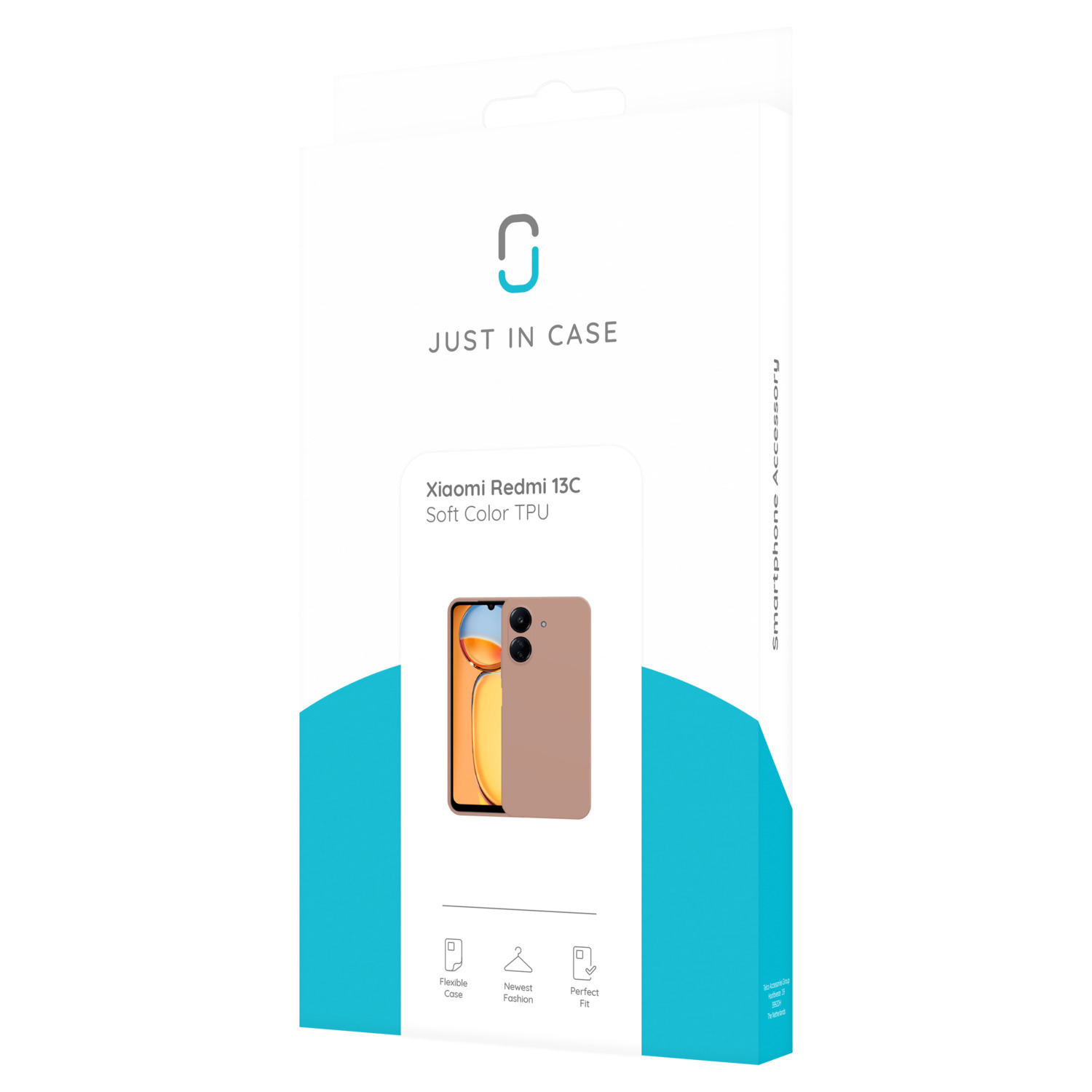 Coque de smartphone dans une boîte. La coque est beige et a la découpe de la caméra.
