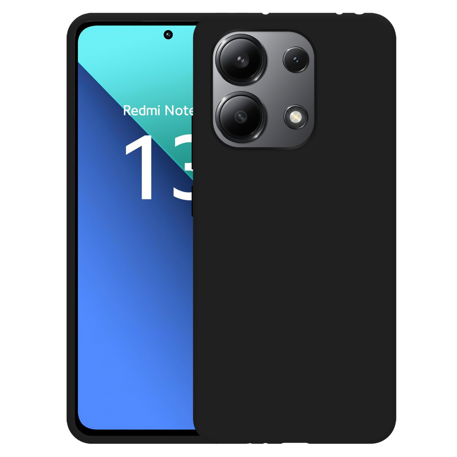 Smartphone noir avec module caméra. Écran affichant un design numérique bleu.