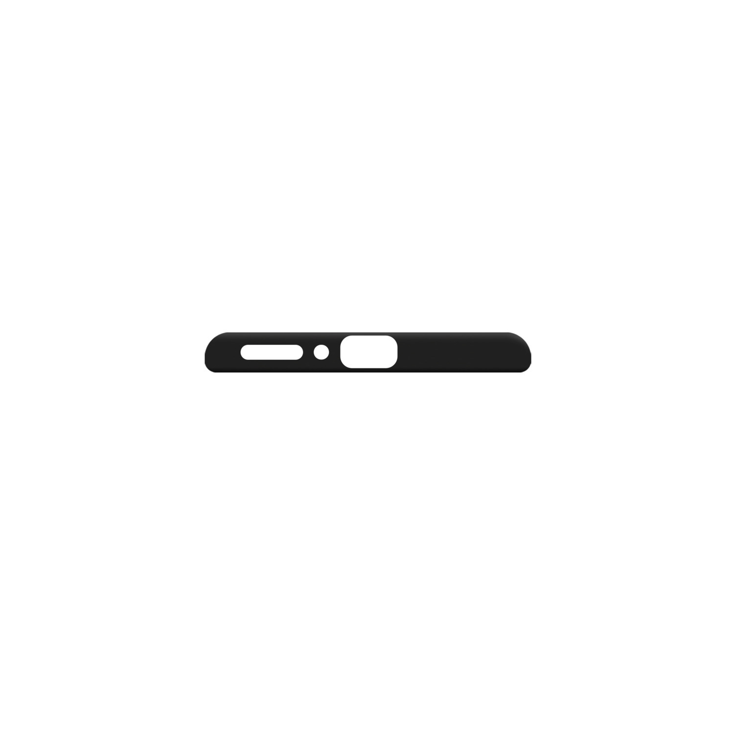 Un étui de téléphone noir avec découpes pour caméra et ports, isolé sur blanc.