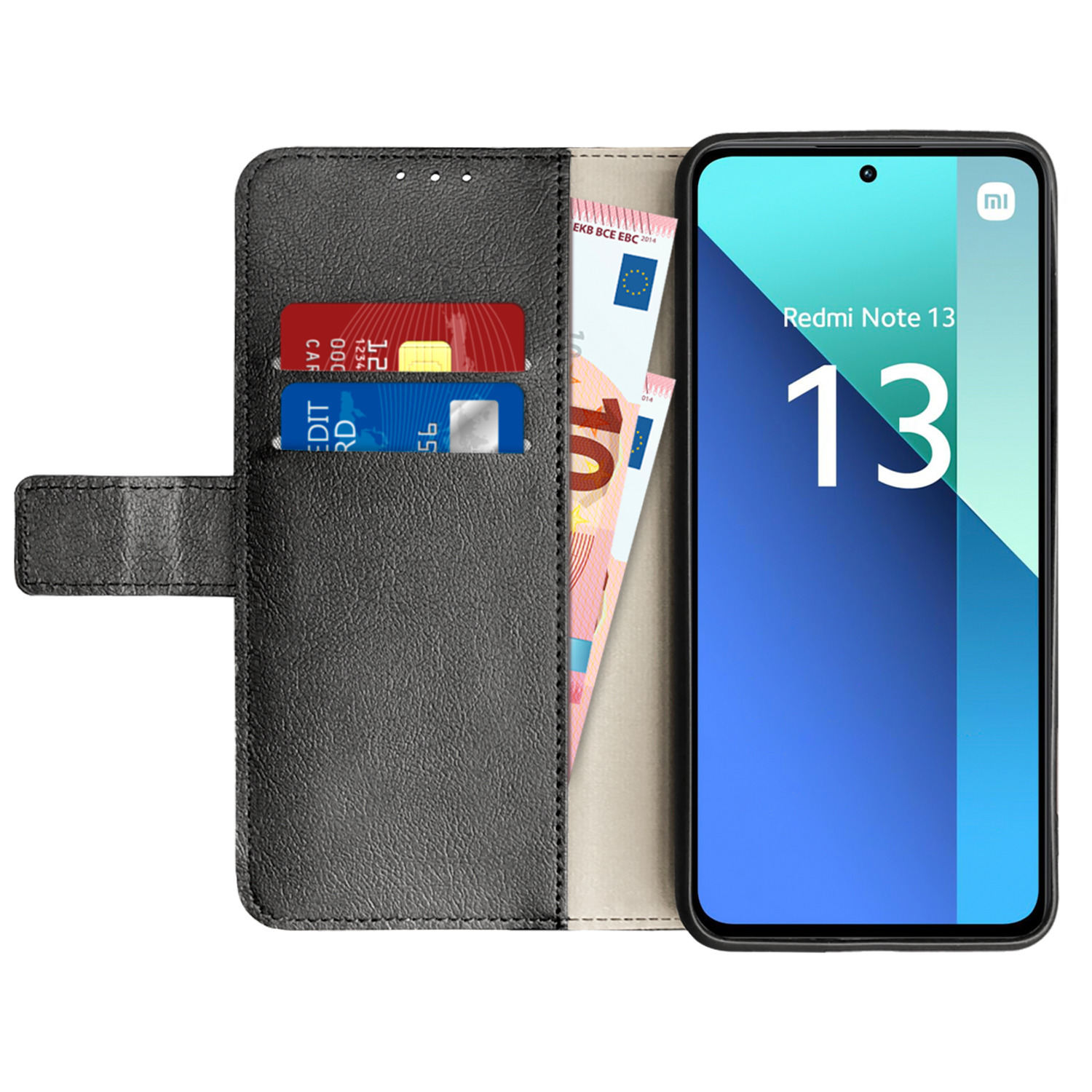 Téléphone dans un étui portefeuille, avec cartes et argent visibles. Redmi Note 13 est affiché.