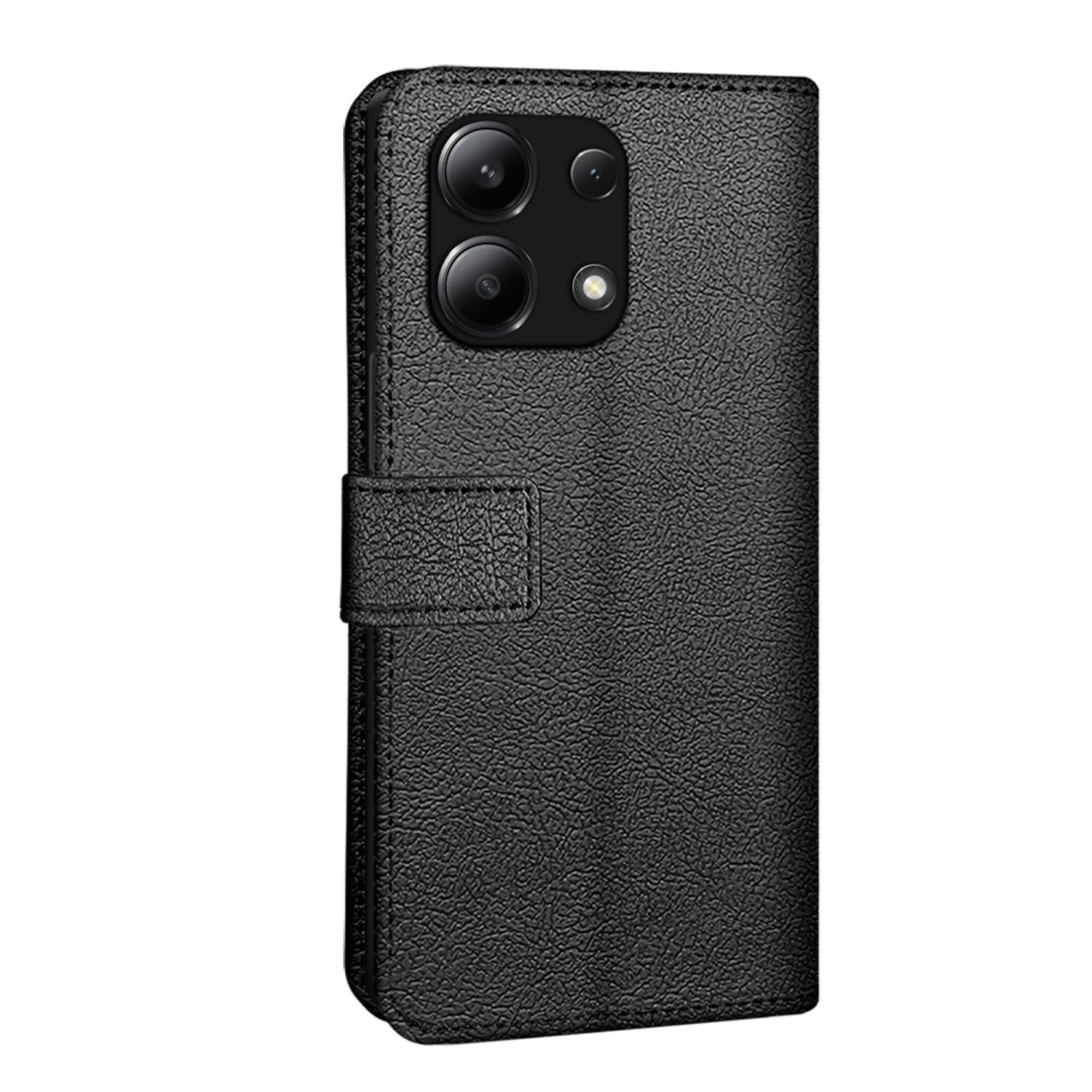 Étui de téléphone en cuir noir avec deux objectifs. Fermeture à boucle.