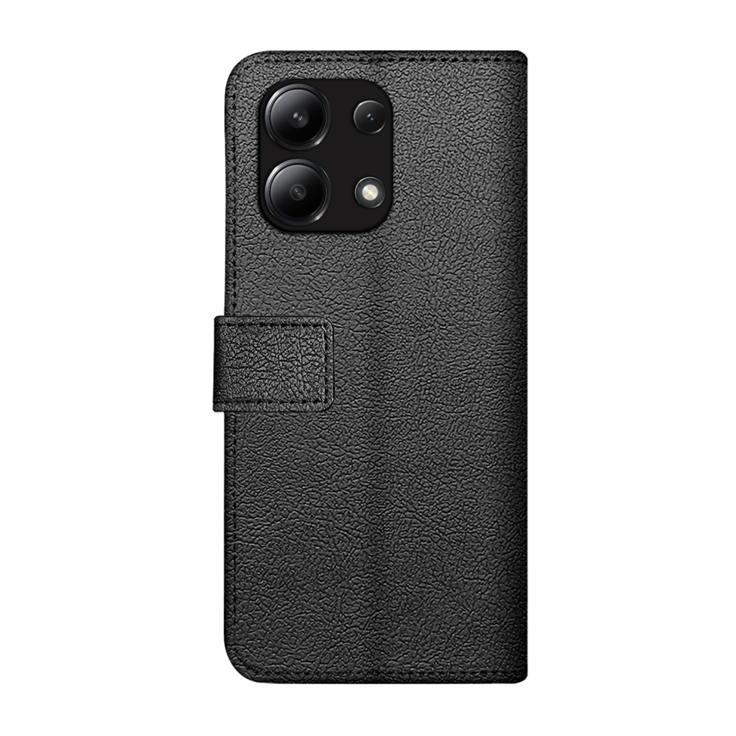 Coque de téléphone noire avec surface texturée et lentilles de caméra visibles.