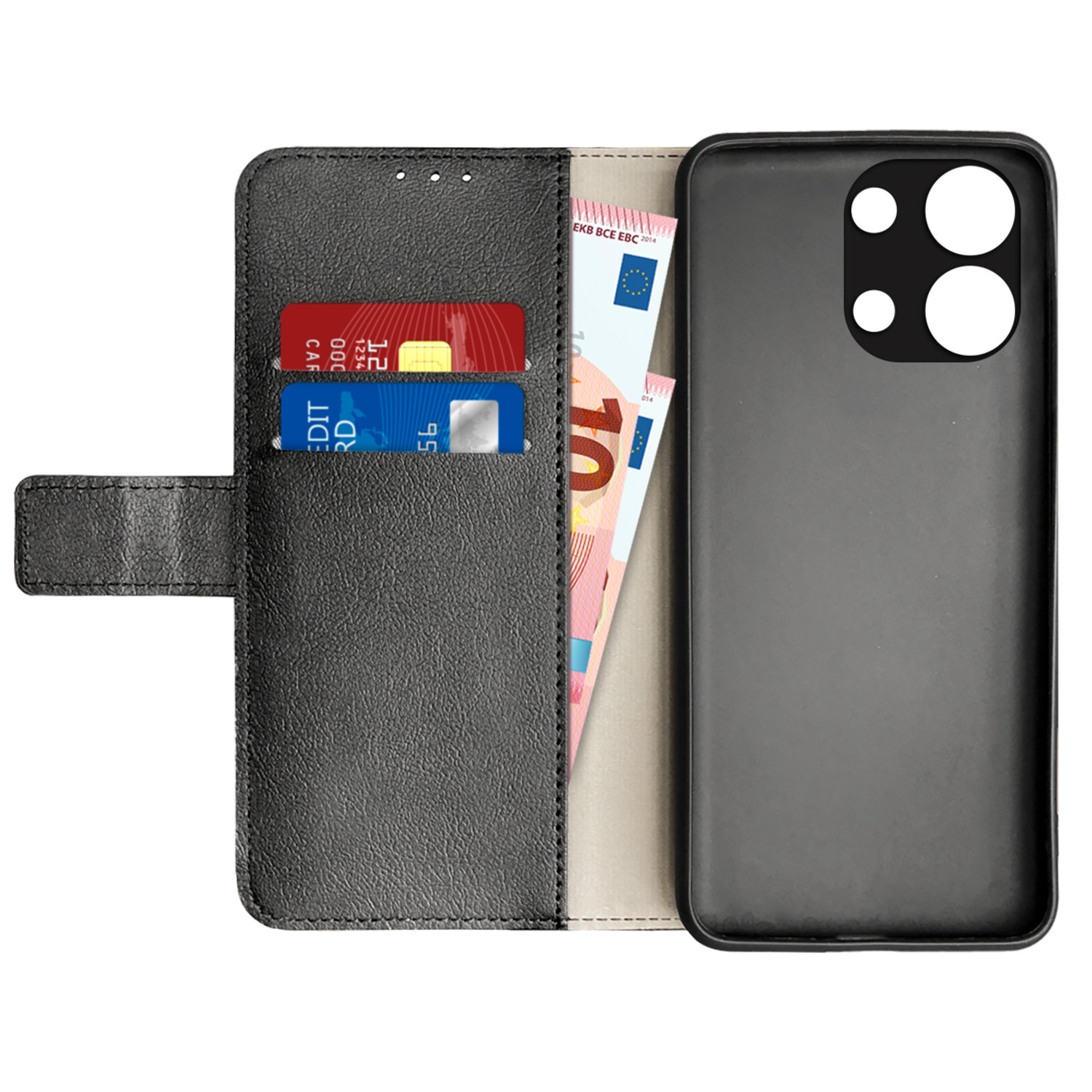 Étui portefeuille de téléphone noir ouvert avec cartes de crédit et argent.