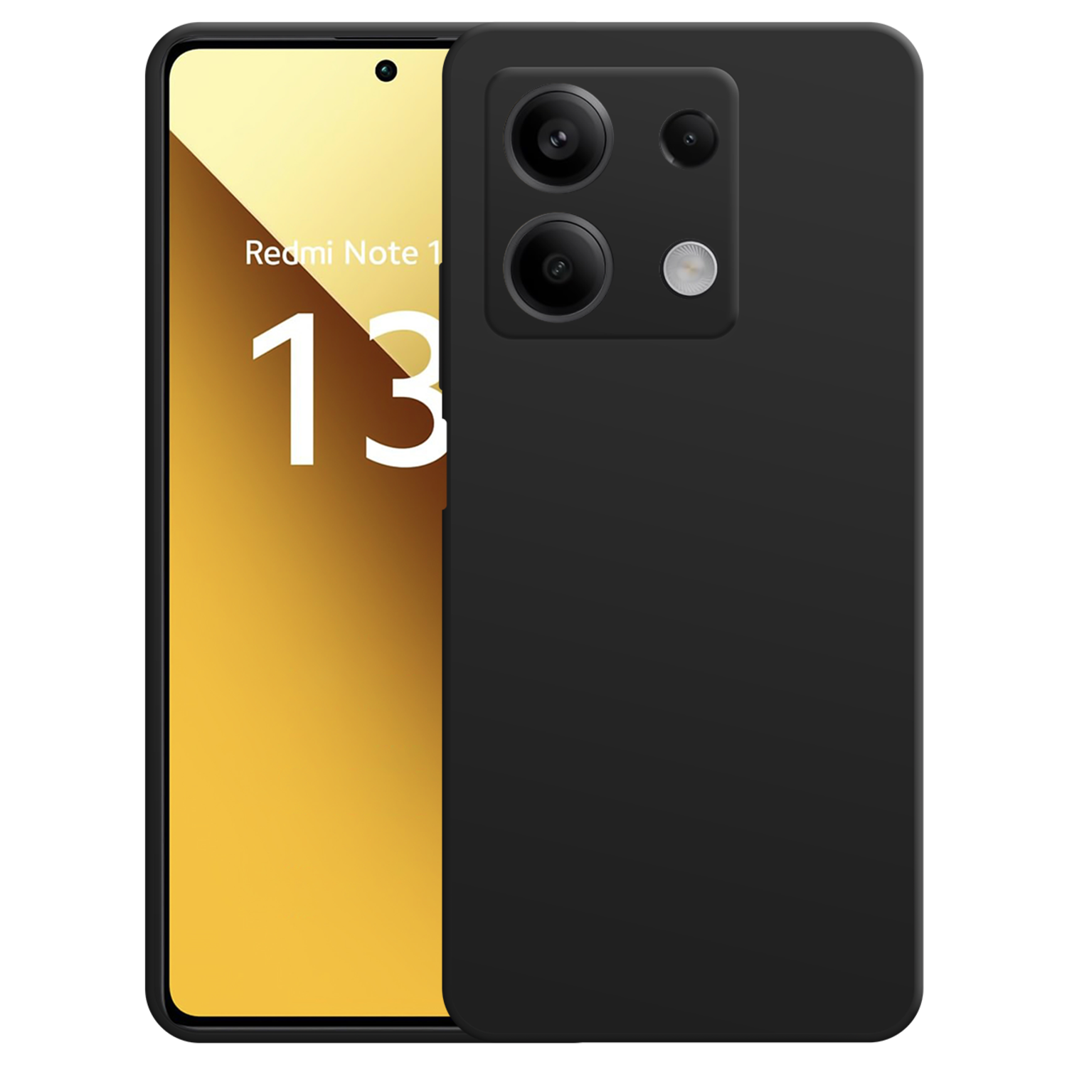 Téléphone Redmi Note 13 noir. Un côté montre l'écran, l'autre a des caméras sur fond noir.