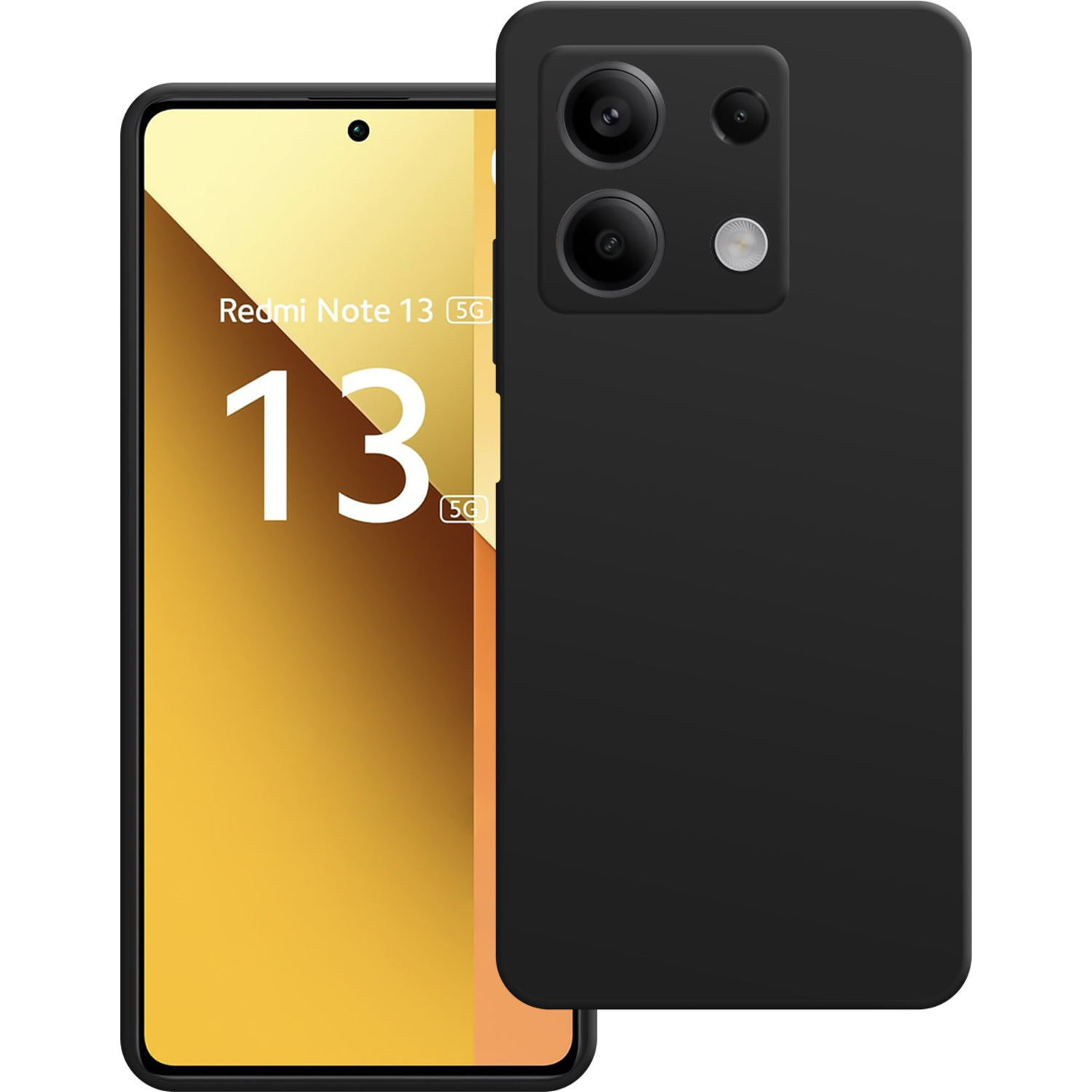 Smartphone Redmi Note 13 5G. Vues avant et arrière. Dos noir, caméra, écran doré.