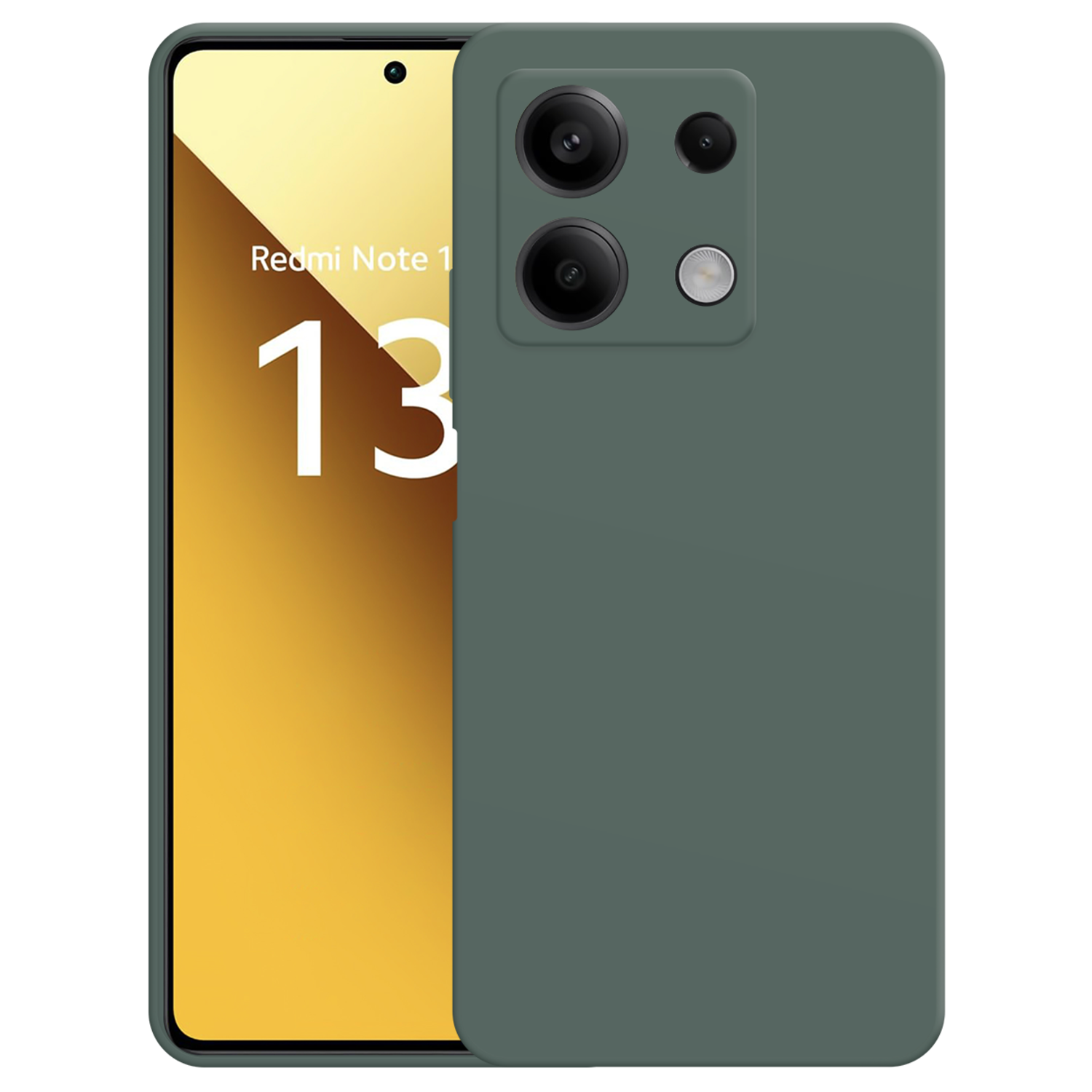 Un smartphone montre l'arrière avec le module caméra et l'écran affichant un fond doré.