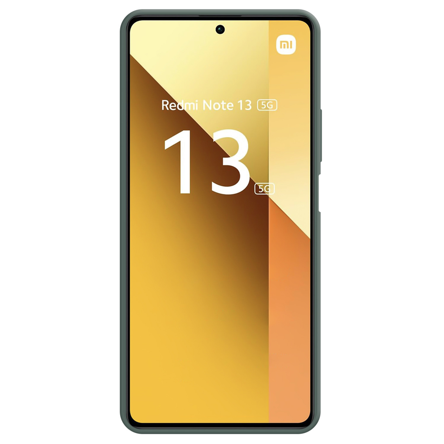 Un smartphone avec un étui vert et un dos doré avec le numéro '13'.