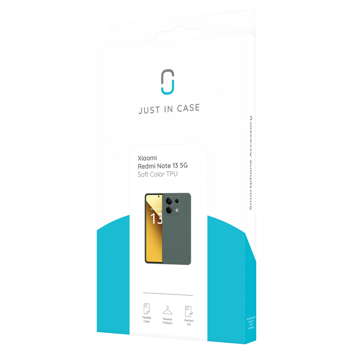 Une boîte d'étui de téléphone avec un design de téléphone. La boîte est blanche avec des accents verts et noirs.