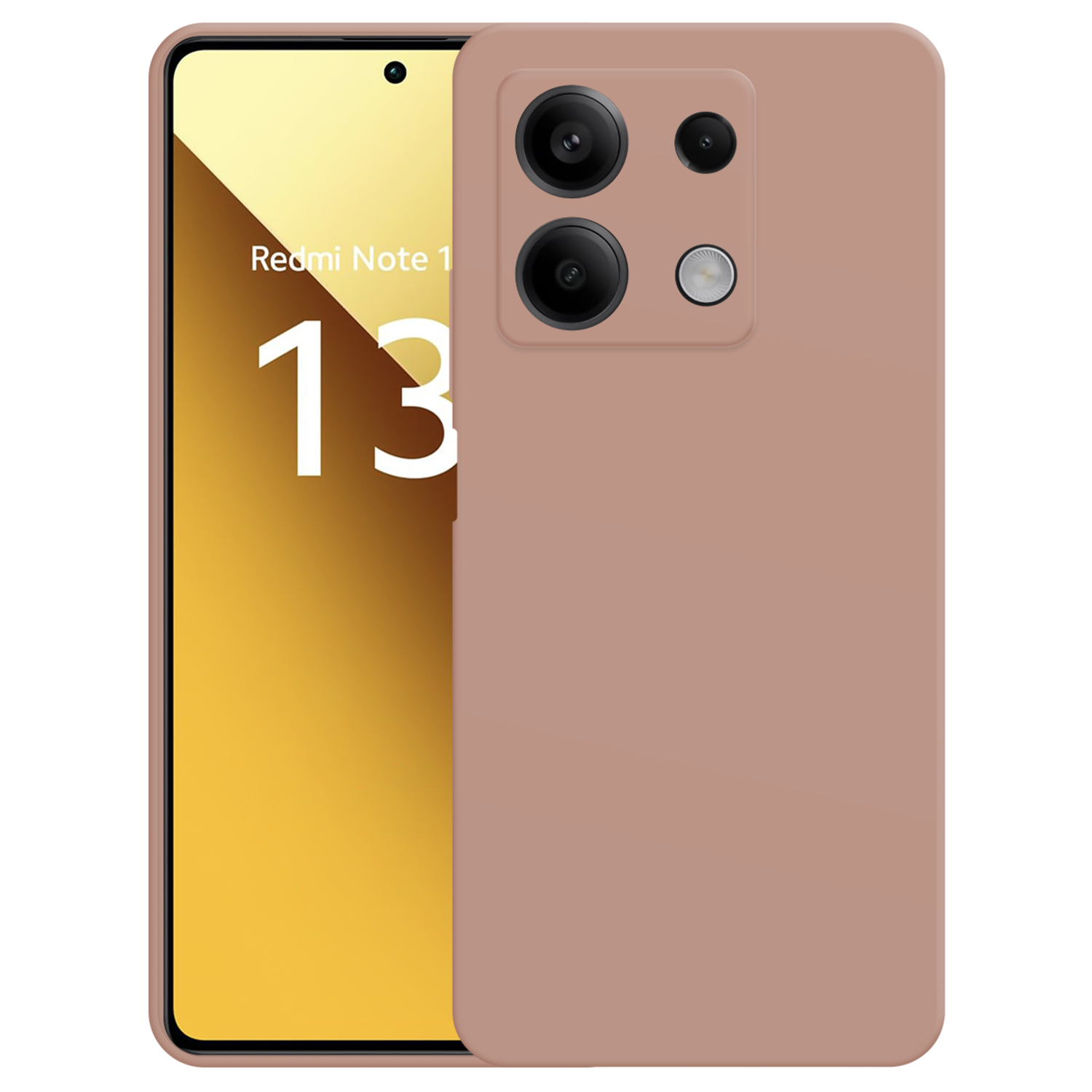 Téléphone rose avec trois objectifs. Le téléphone est sur un fond doré. La marque est Redmi.