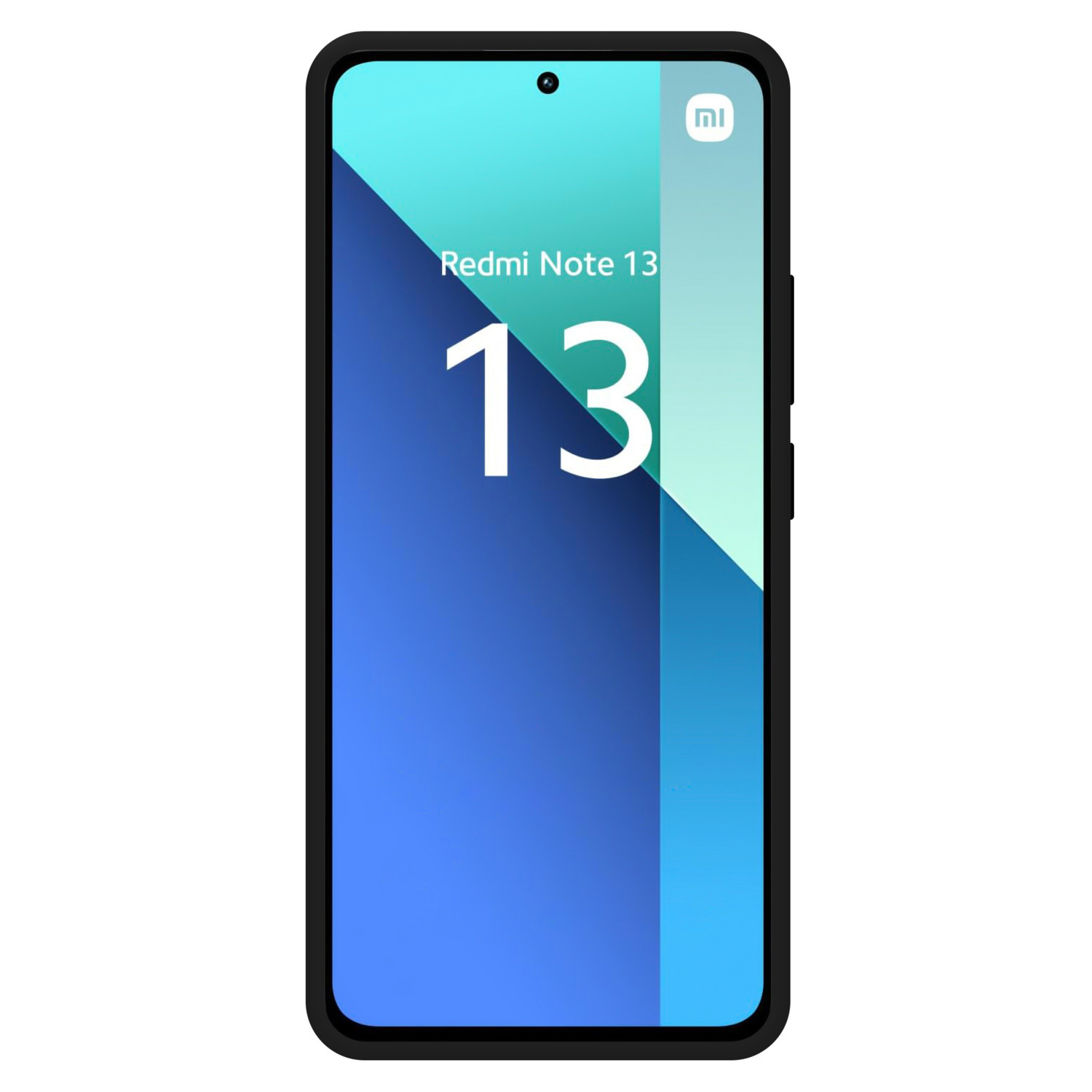Un téléphone noir avec les mots Redmi Note 13 et le numéro 13 affichés sur l'écran.