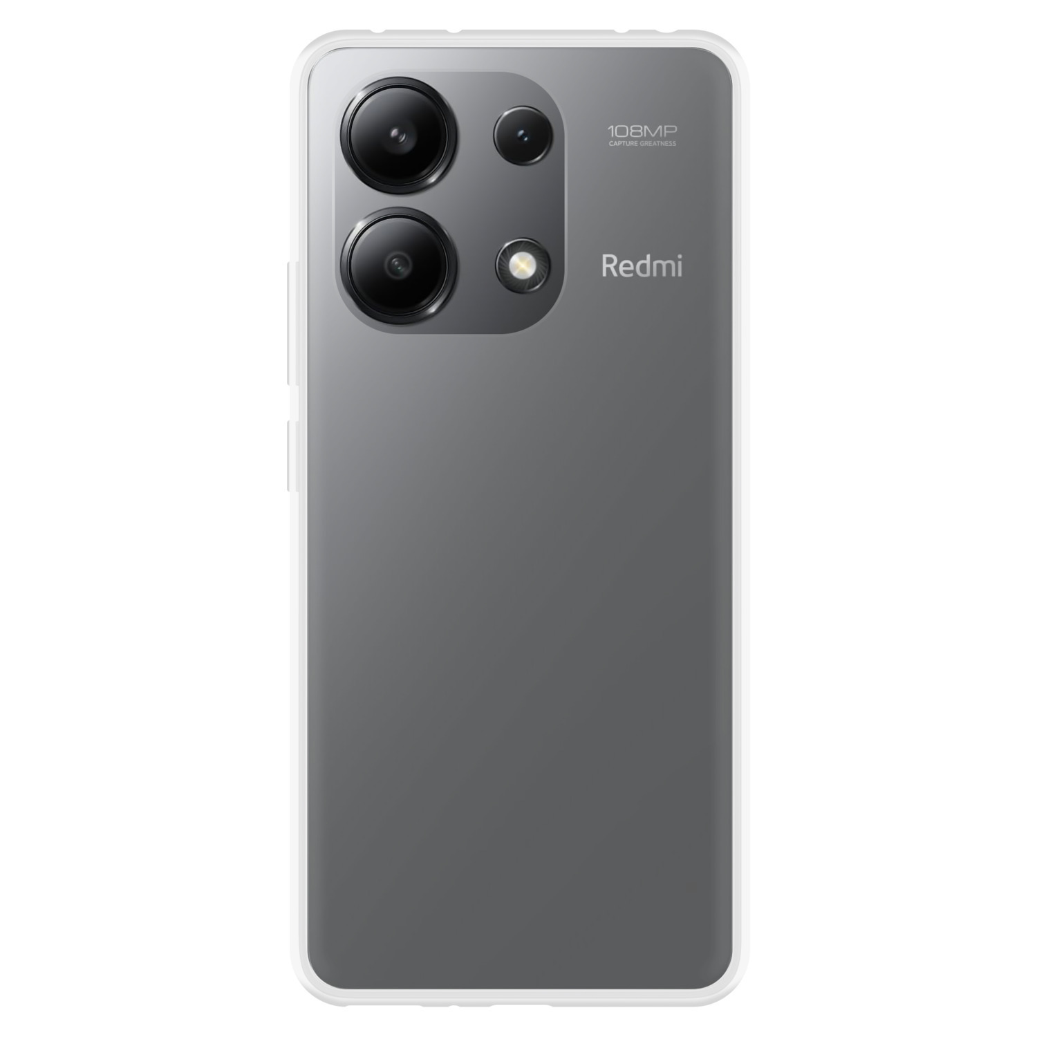 Une coque de téléphone Redmi grise. Elle a une configuration de caméra avec objectif 108MP.