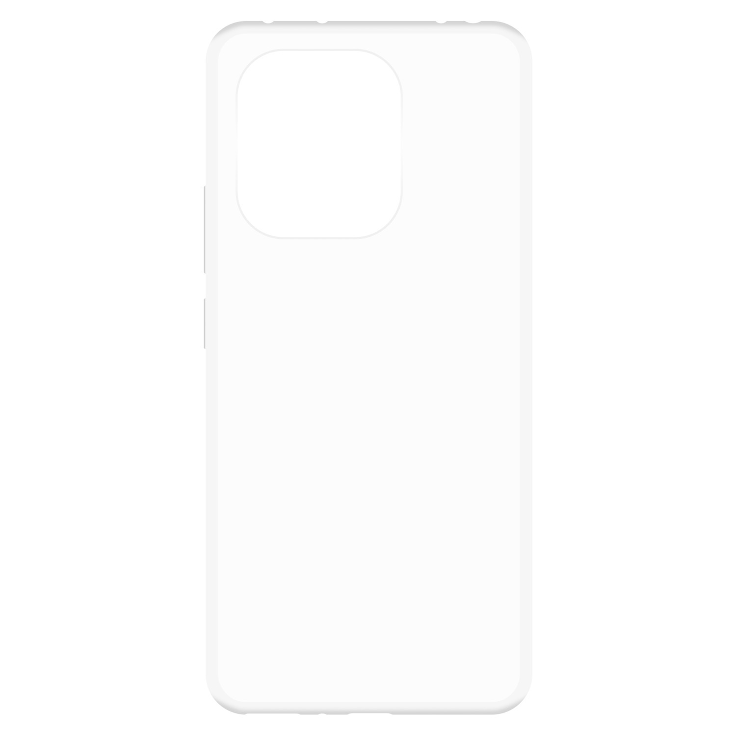 Une coque de téléphone blanche avec une découpe pour l'appareil photo et des découpes pour les boutons, sur fond blanc.
