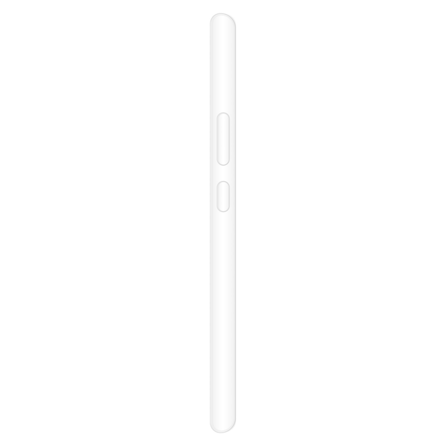Vue latérale d'un smartphone blanc avec boutons. Fond blanc uni.