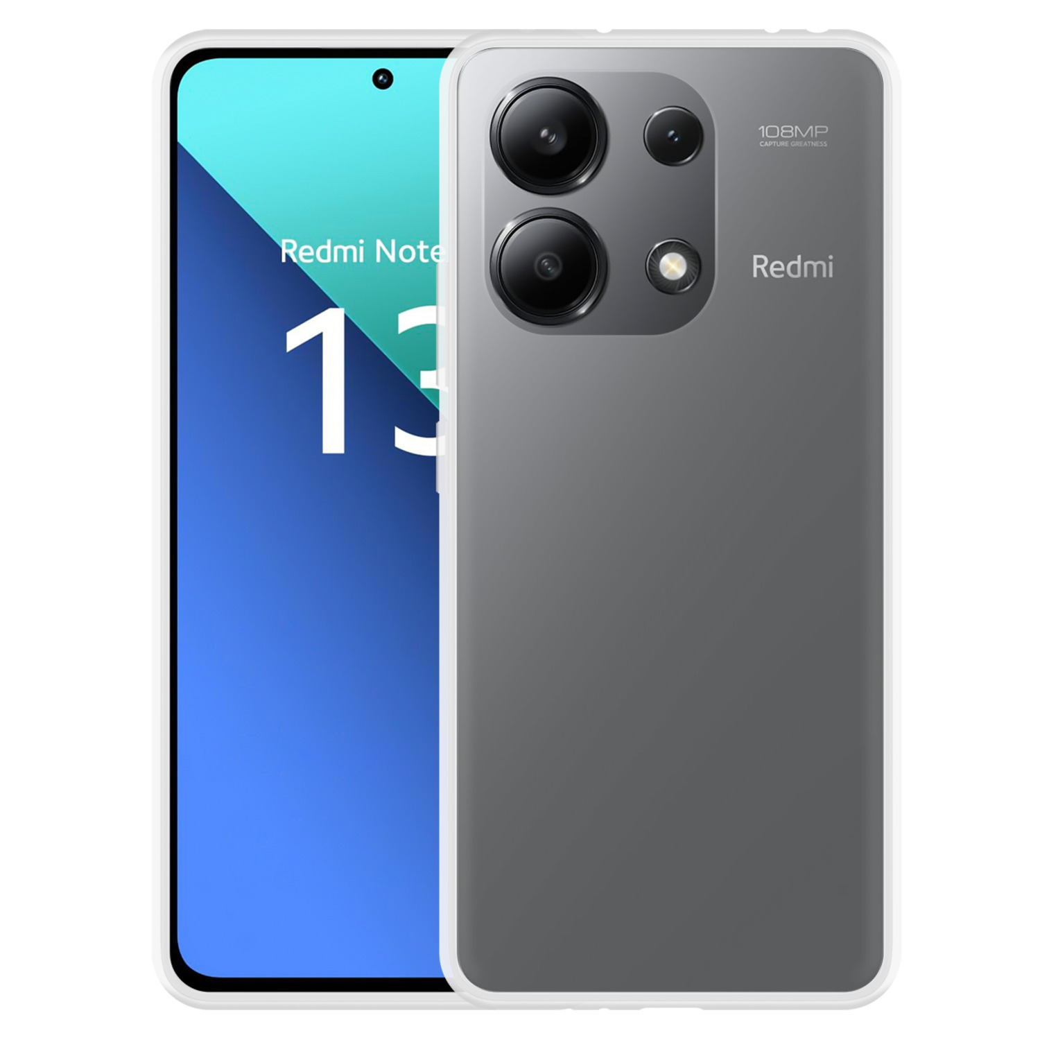 Smartphone Redmi Note 13, dos gris, objectifs de caméra, avec fond bleu et texte blanc.