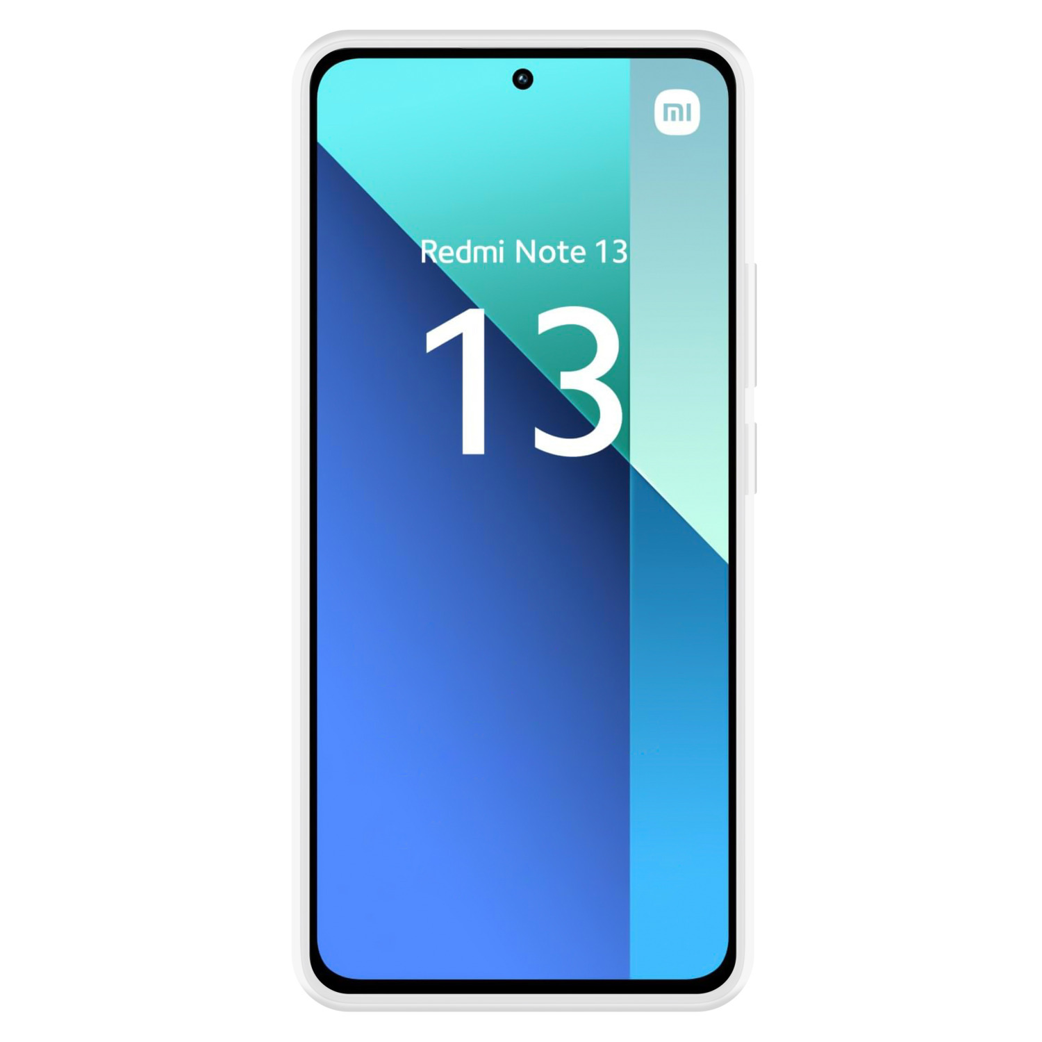 Un téléphone Redmi Note 13 blanc avec écran dégradé bleu et logo.
