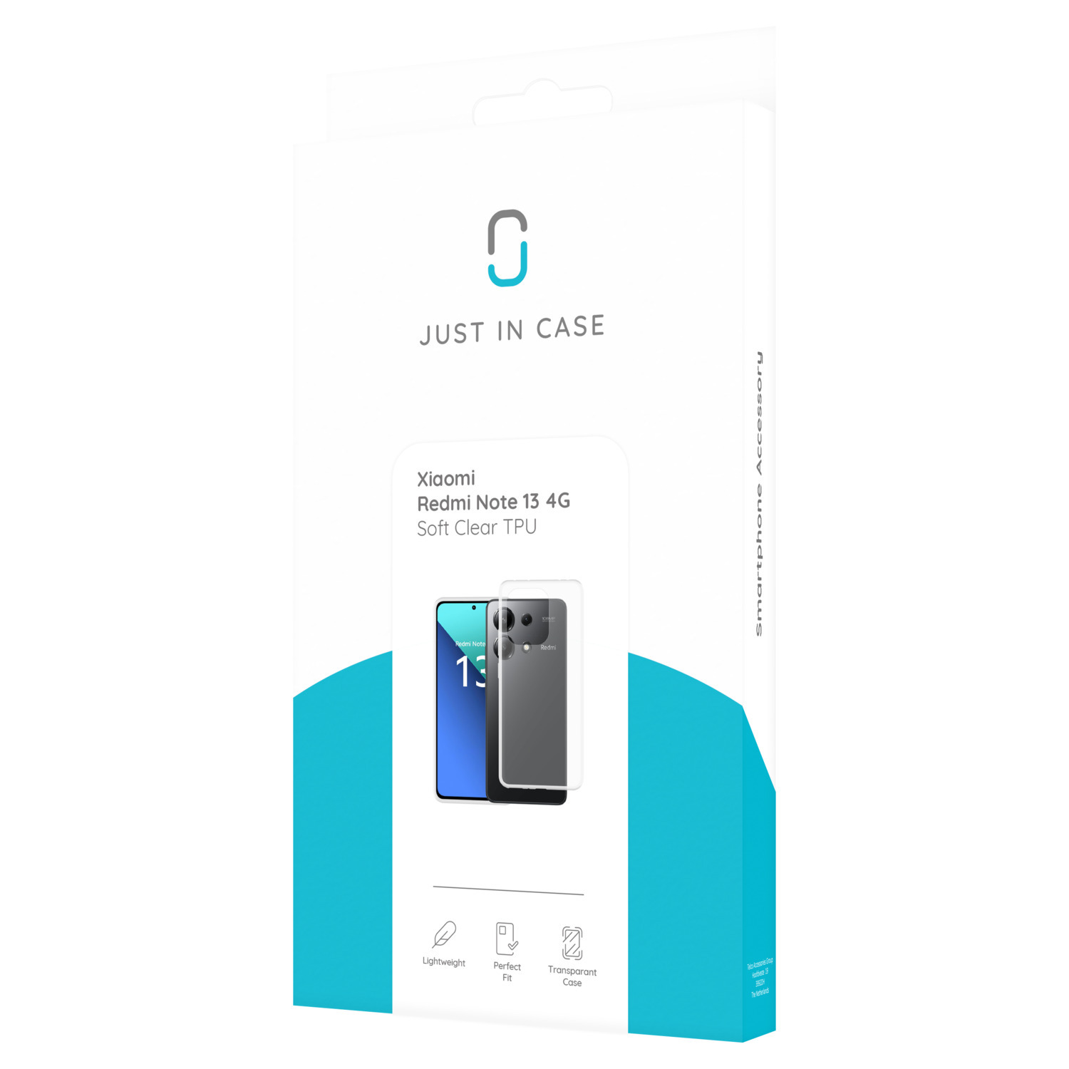 Une boîte blanche avec une coque de téléphone à l'intérieur, avec le texte "JUST IN CASE".