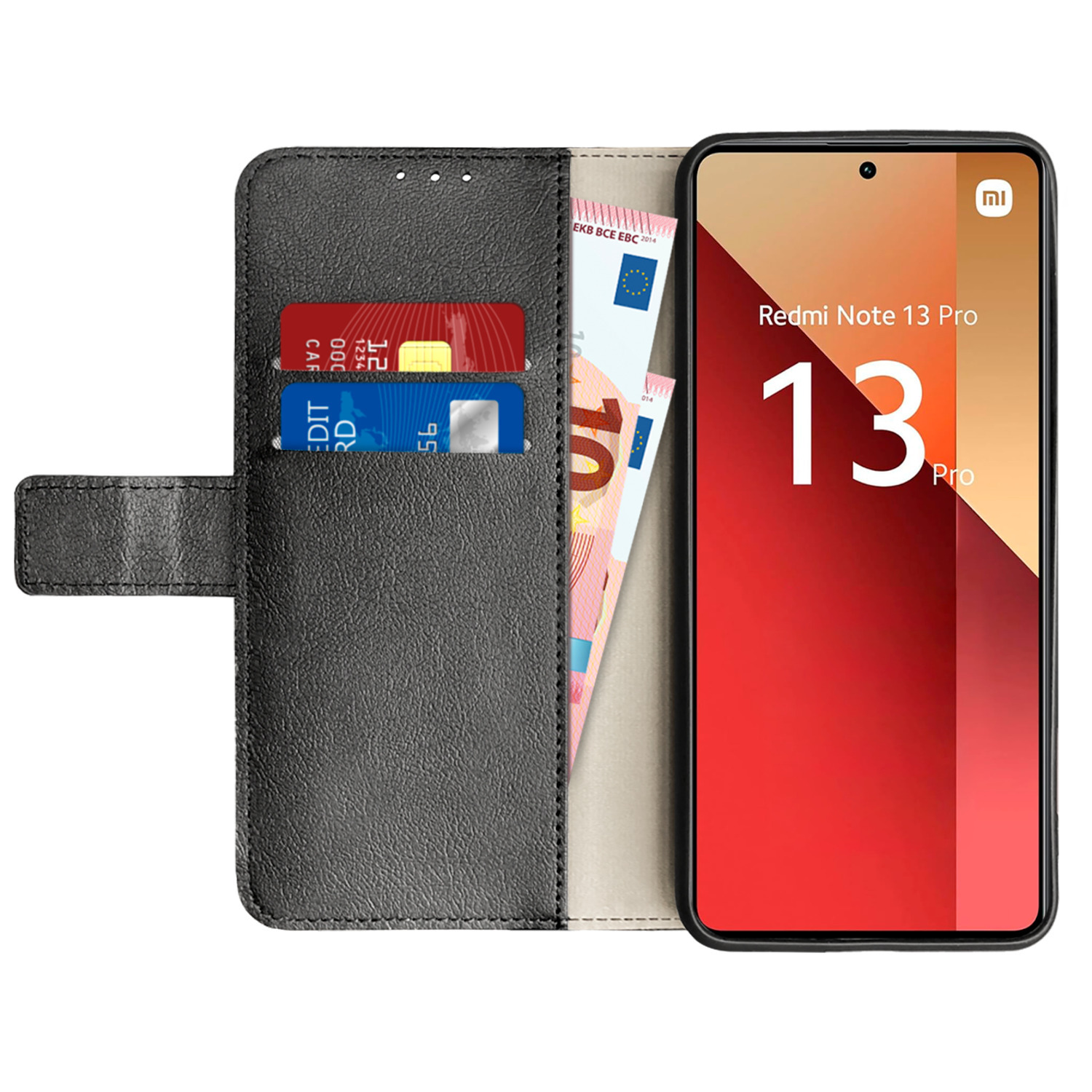 Étui de téléphone avec téléphone, cartes de crédit et billets en euros. Étui noir, écran rouge.