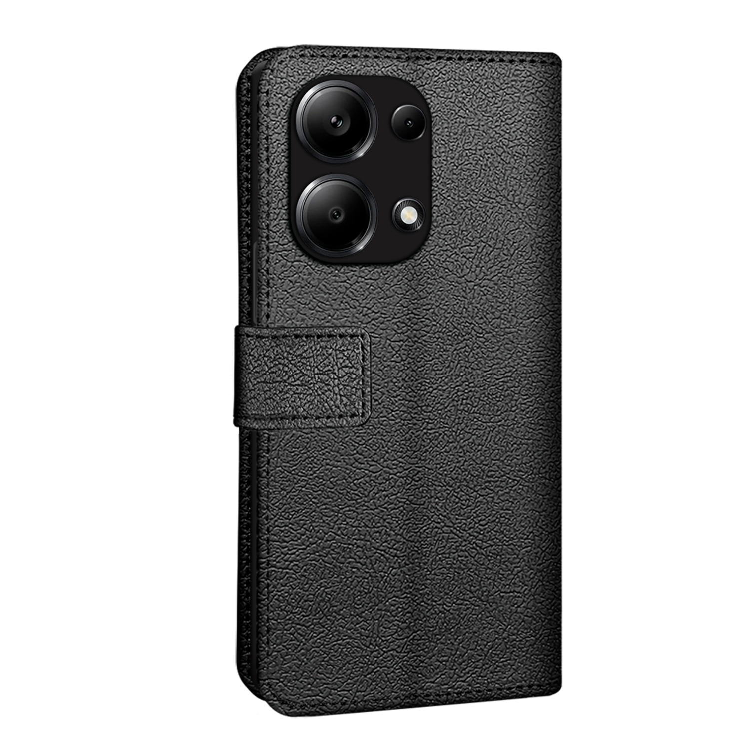 Un téléphone noir avec un étui en cuir. Il a une configuration à triple caméra.