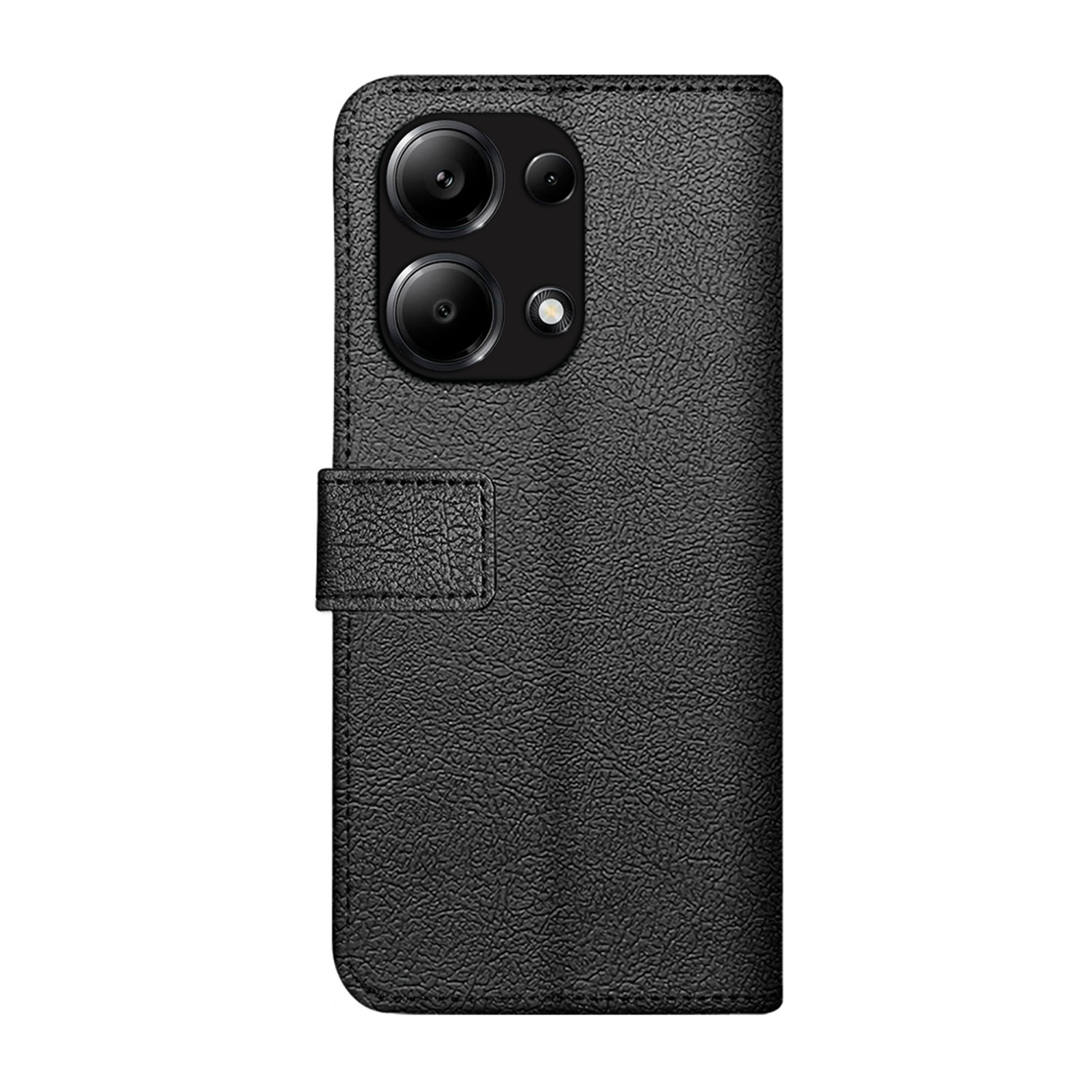 Étui de téléphone noir avec deux caméras et fermeture magnétique.