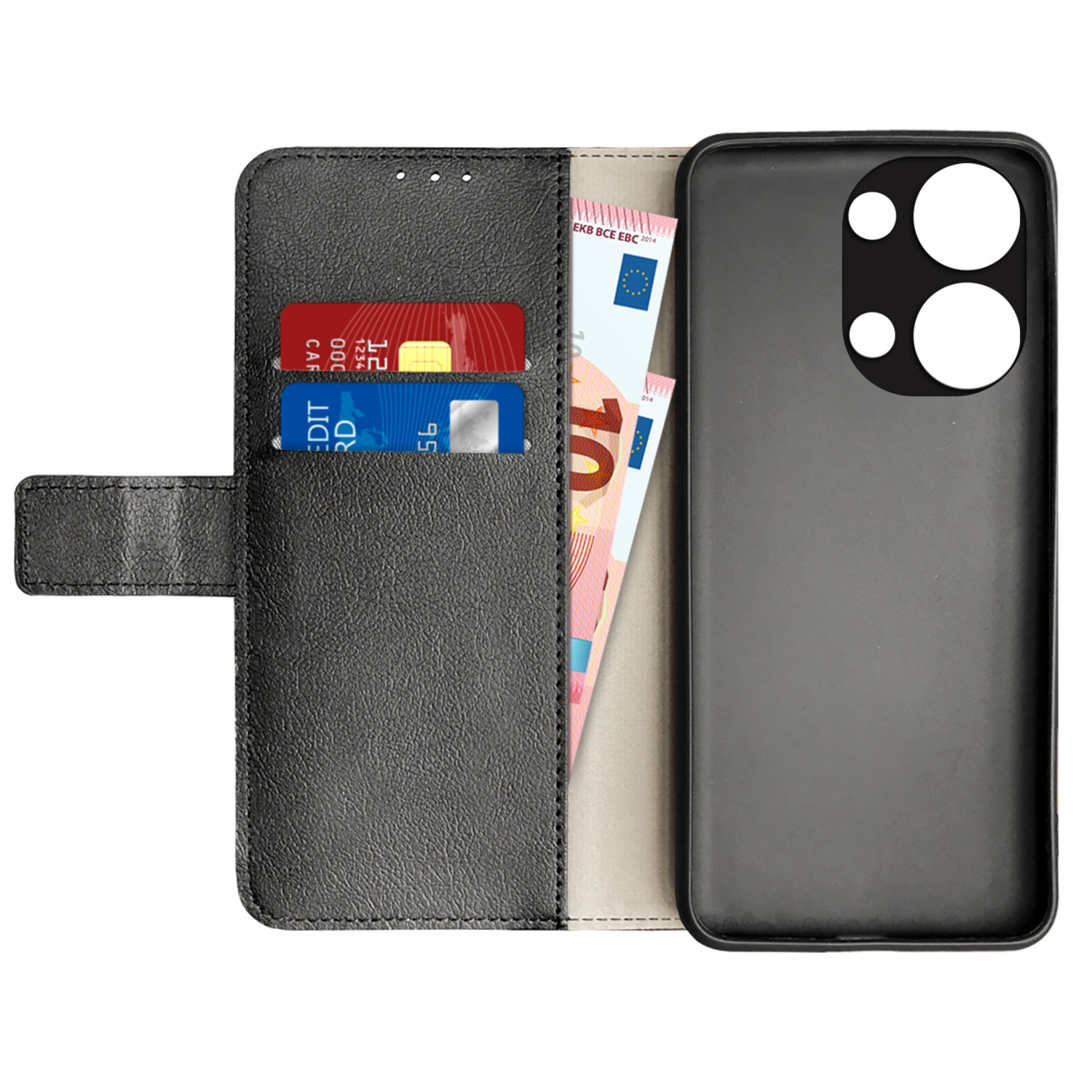 Étui portefeuille noir avec cartes et argent, et étui de téléphone noir.