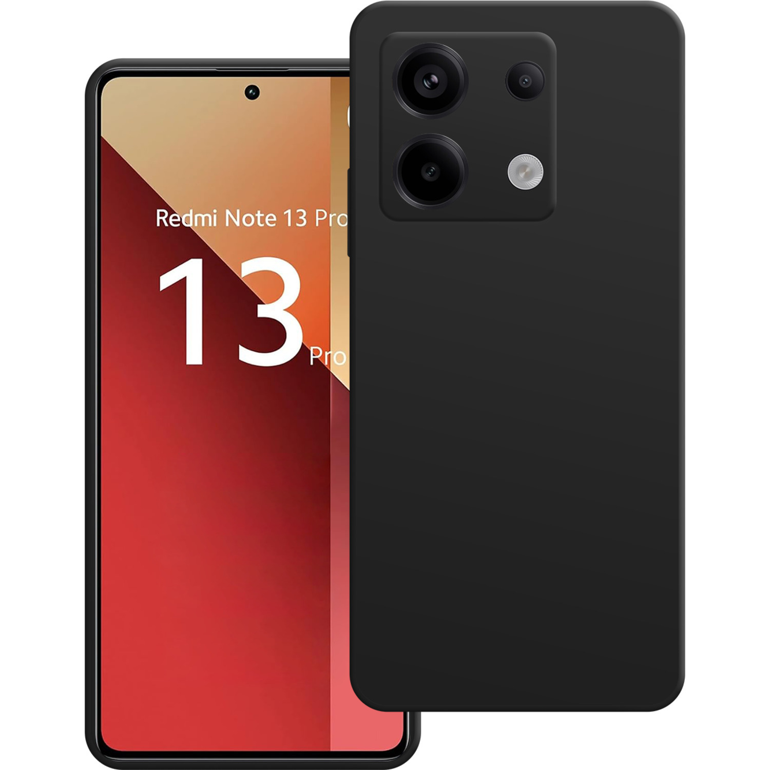 Smartphone noir avec un ensemble de caméras à l'arrière et un design rouge sur l'écran.