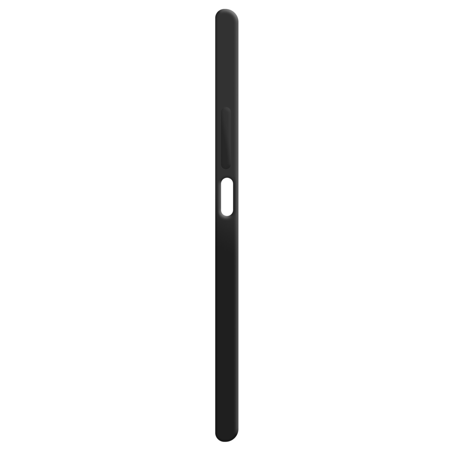 Une coque de téléphone noire avec un bouton d'alimentation et une découpe pour un bouton sur le côté.