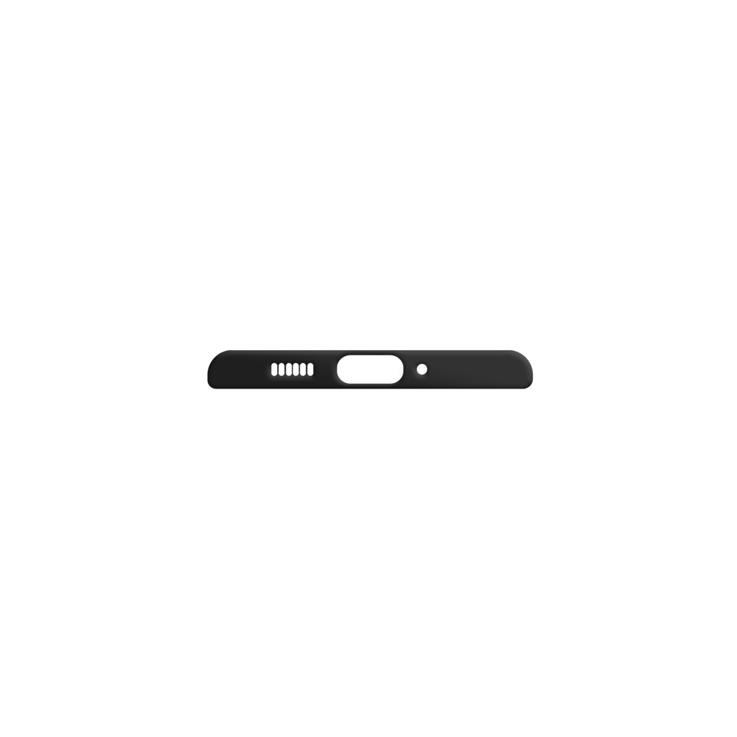 Coque de téléphone noire avec découpes pour les ports, sur fond blanc.