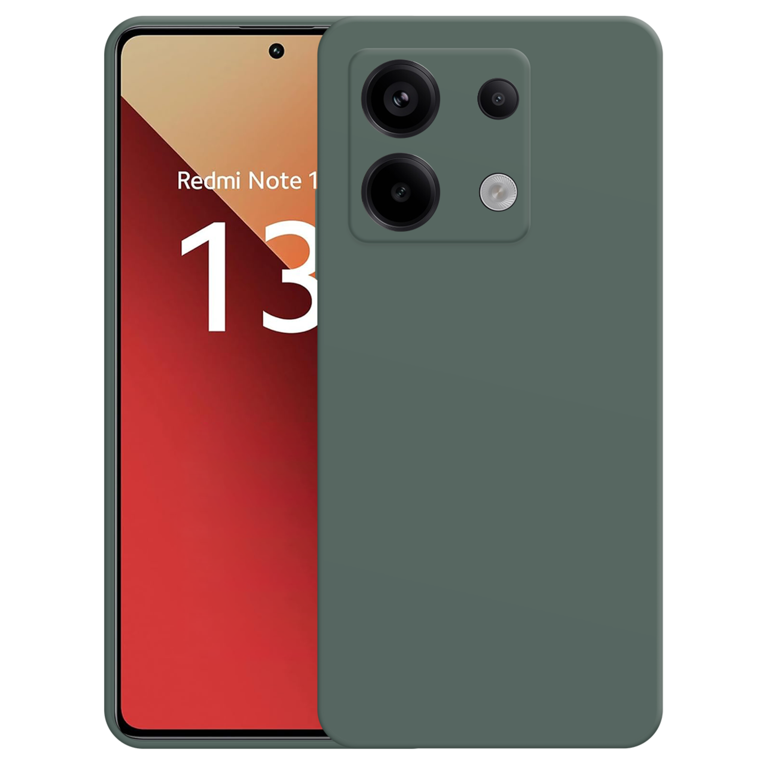 Un téléphone vert avec un étui, et un fond rouge et blanc.