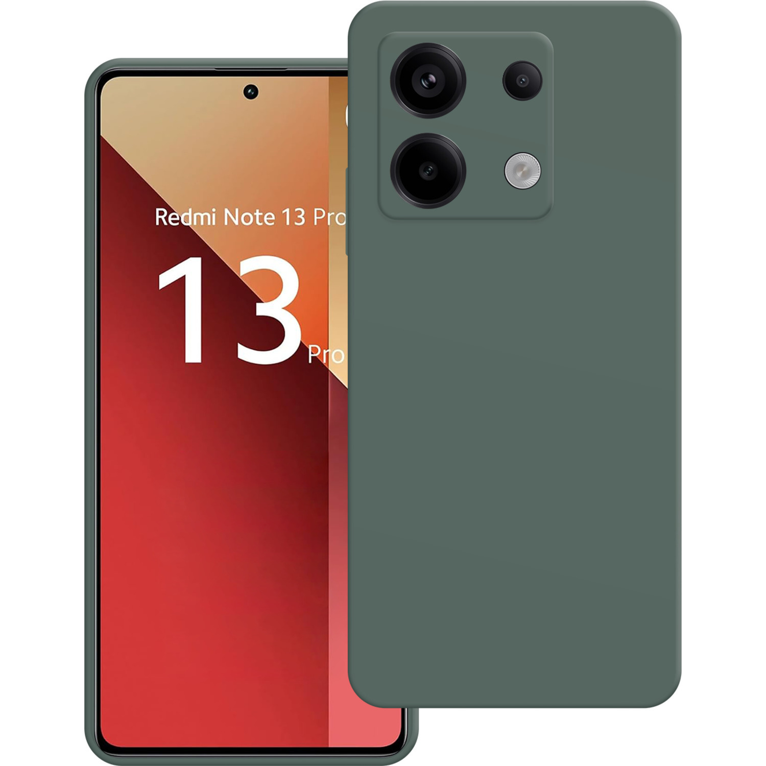 Téléphone vert avec objectifs, écran rouge et blanc. Texte : 13 Pro.