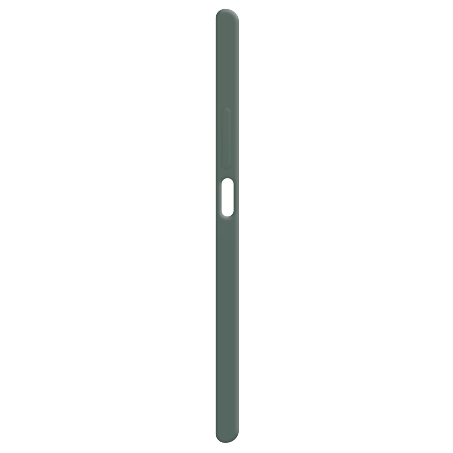 Vue latérale d'une coque de téléphone, verte avec boutons et un trou.
