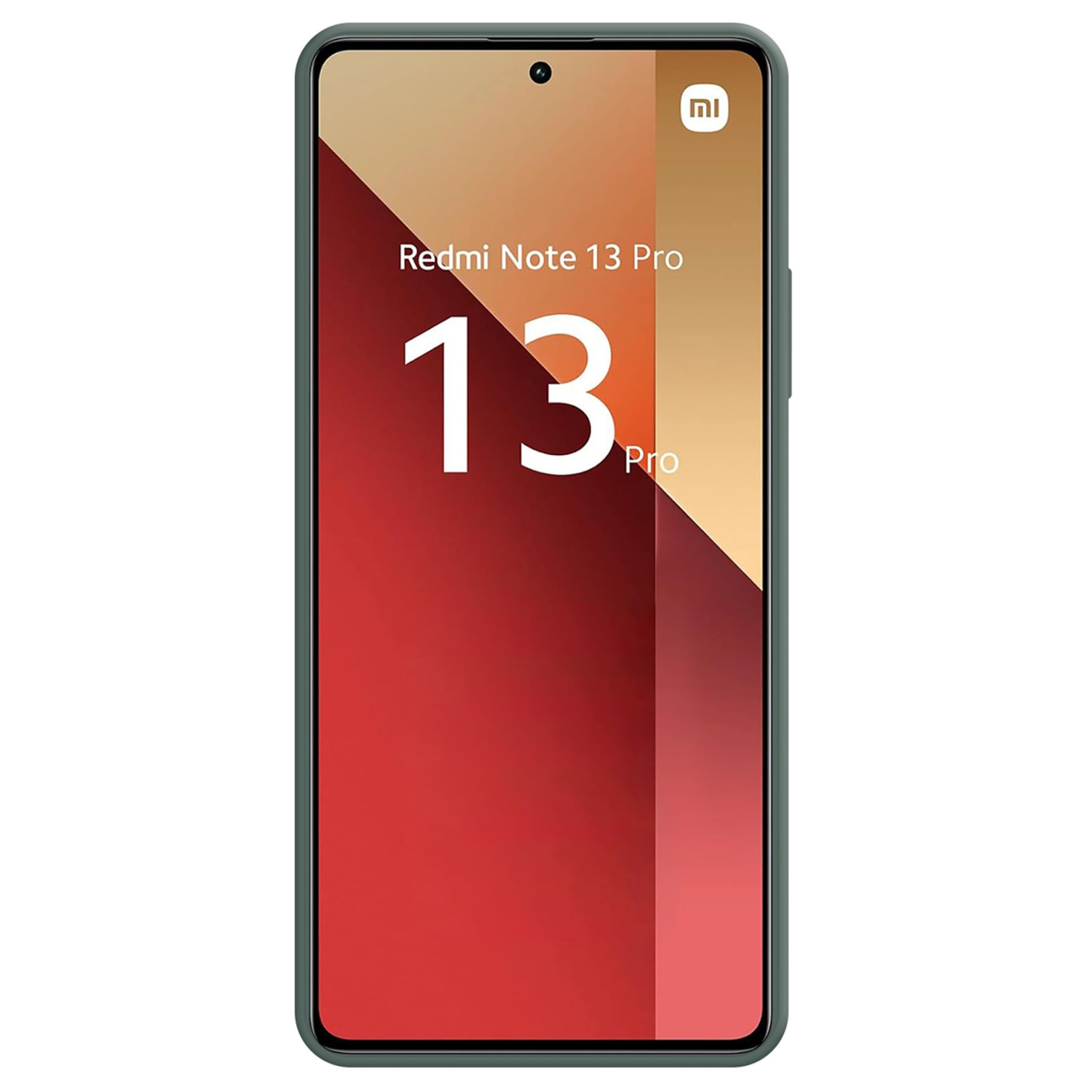 Téléphone Redmi Note 13 Pro dans un étui vert, vue de face.