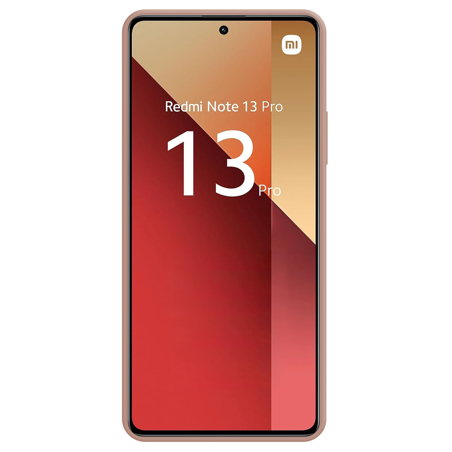 Un téléphone rouge avec le texte 'Redmi Note 13 Pro', sur une surface blanche.