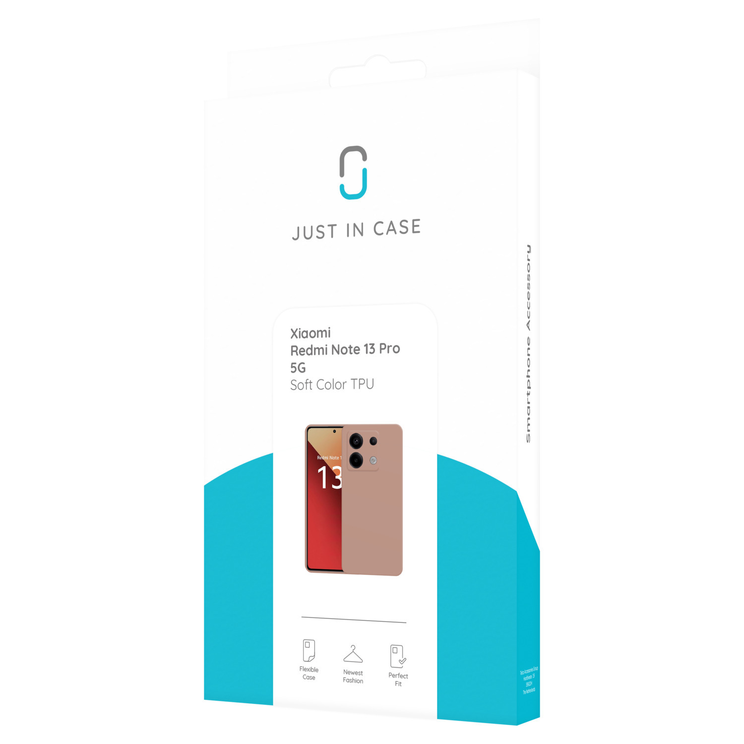 Boîte de smartphone avec image de téléphone, marque 'JUST IN CASE' et détails du modèle.