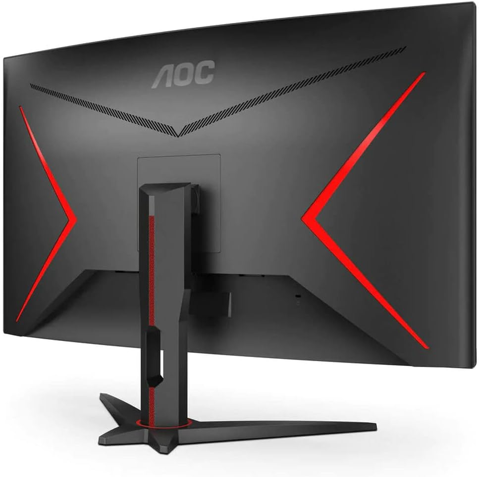 Un monitor de computadora negro, vista trasera, con elementos de diseño rojos y un soporte. Logotipo de AOC.