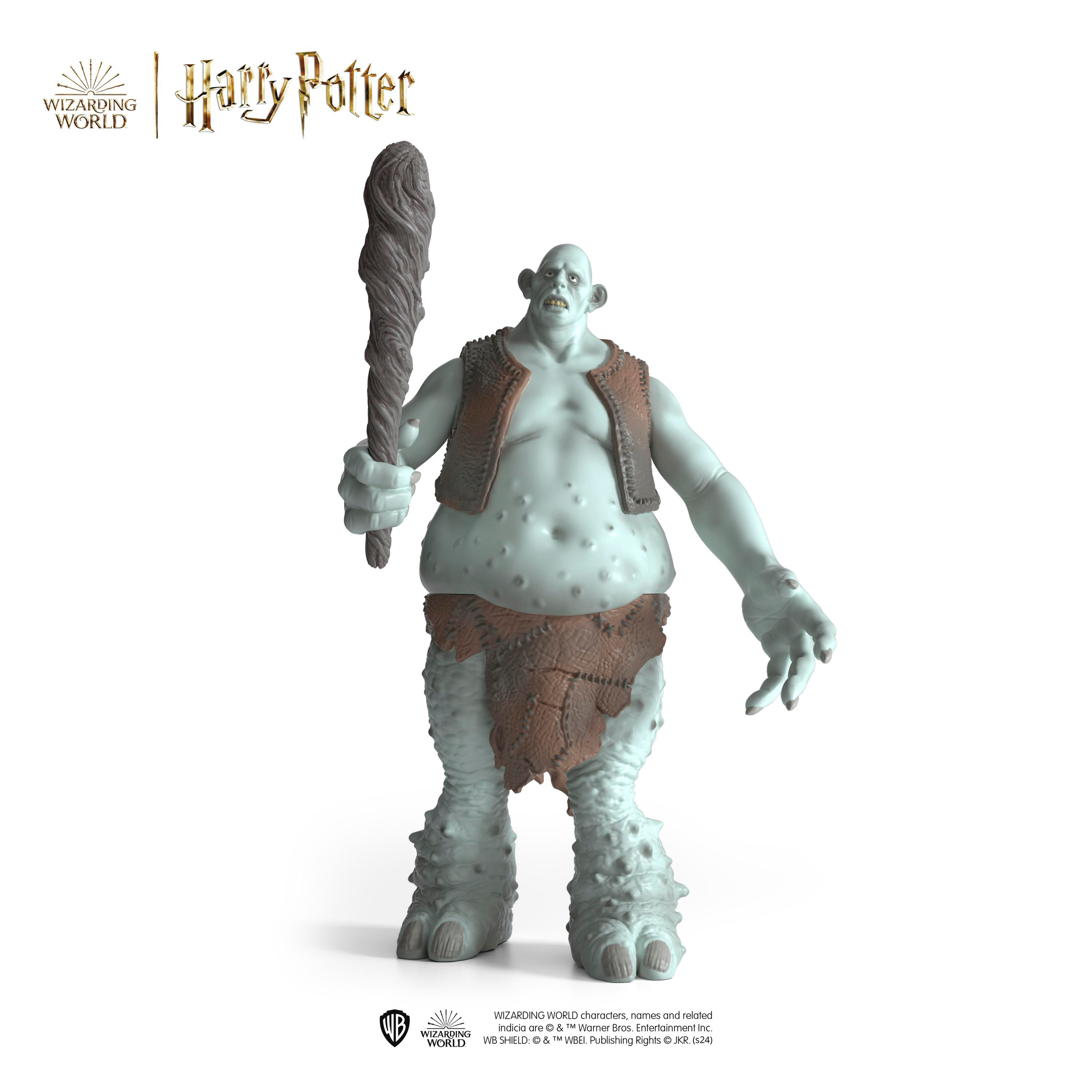 Eine Harry-Potter-Troll-Spielzeugfigur mit einem Knüppel, weißer Hintergrund.