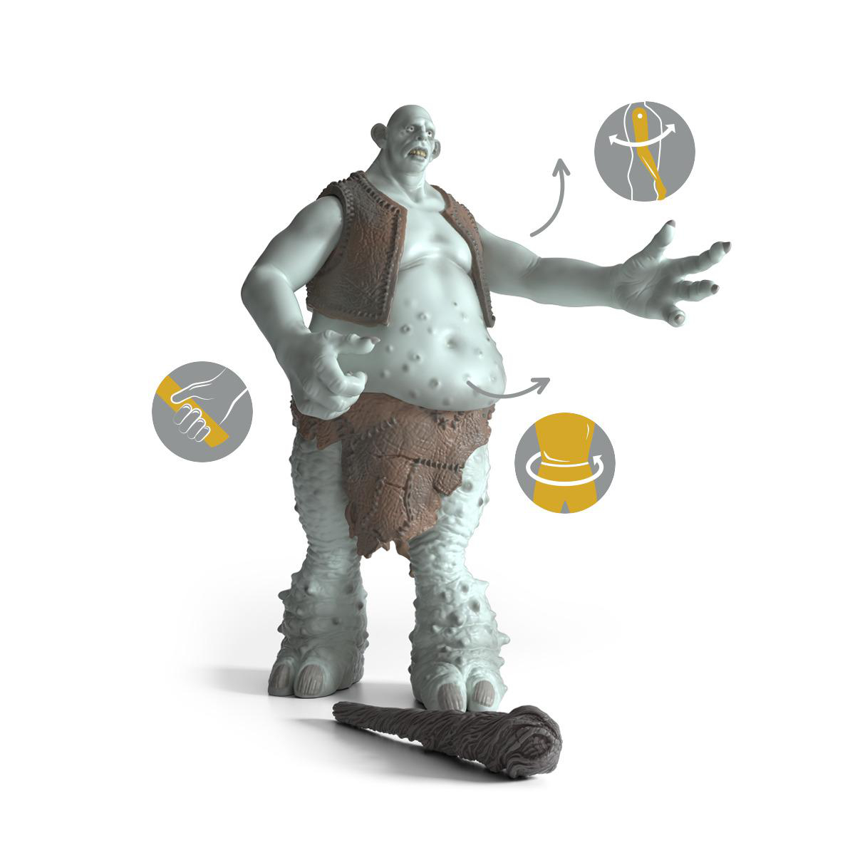 Eine graue Trollfigur mit Keule und Diagrammen.