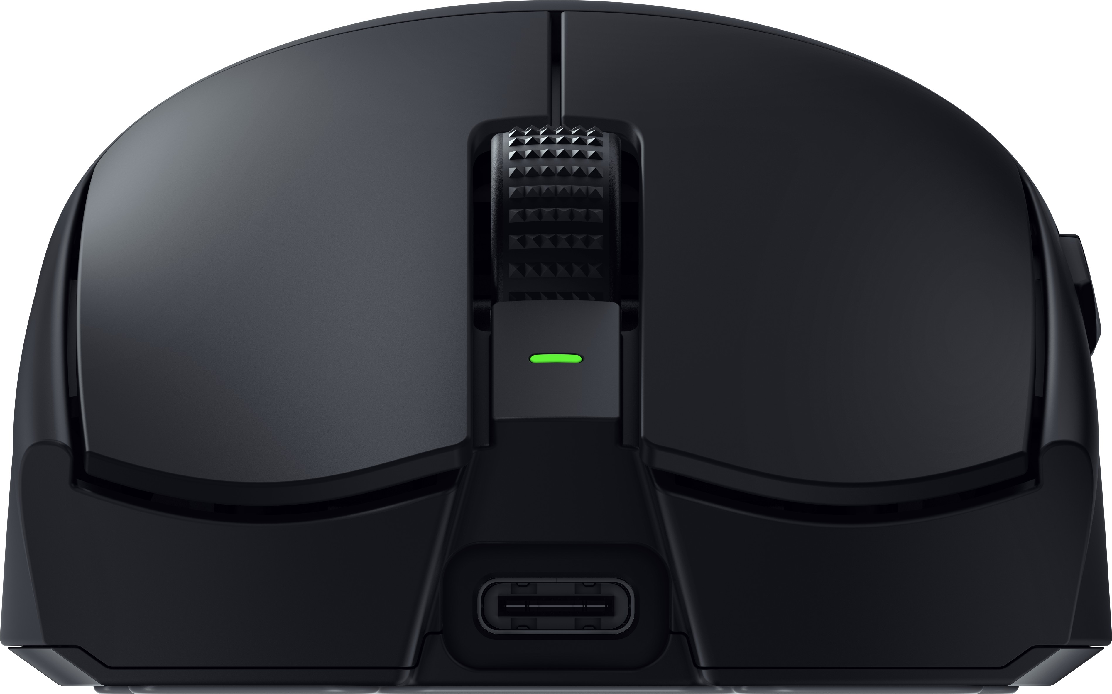 Eine schwarze Razer Gaming-Maus mit Scrollrad und Ladeanschluss an der Vorderseite.