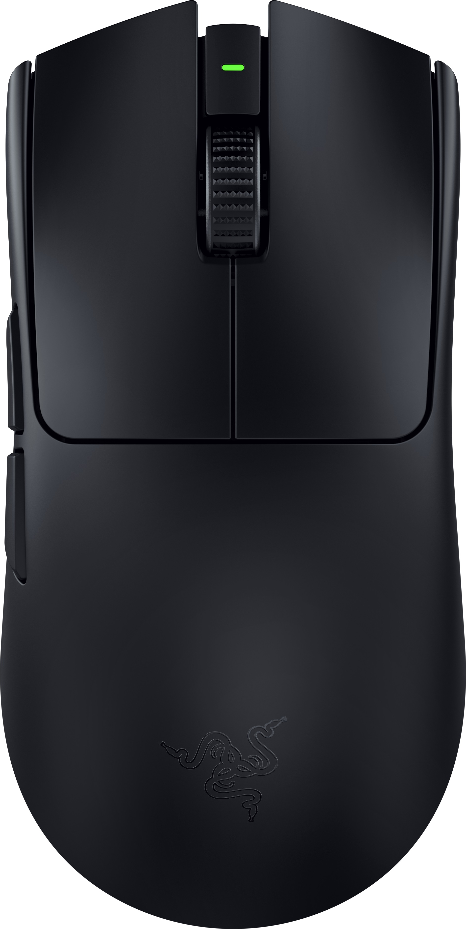 Schwarze Gaming-Maus mit Tasten und dem Razer-Logo, Draufsicht.