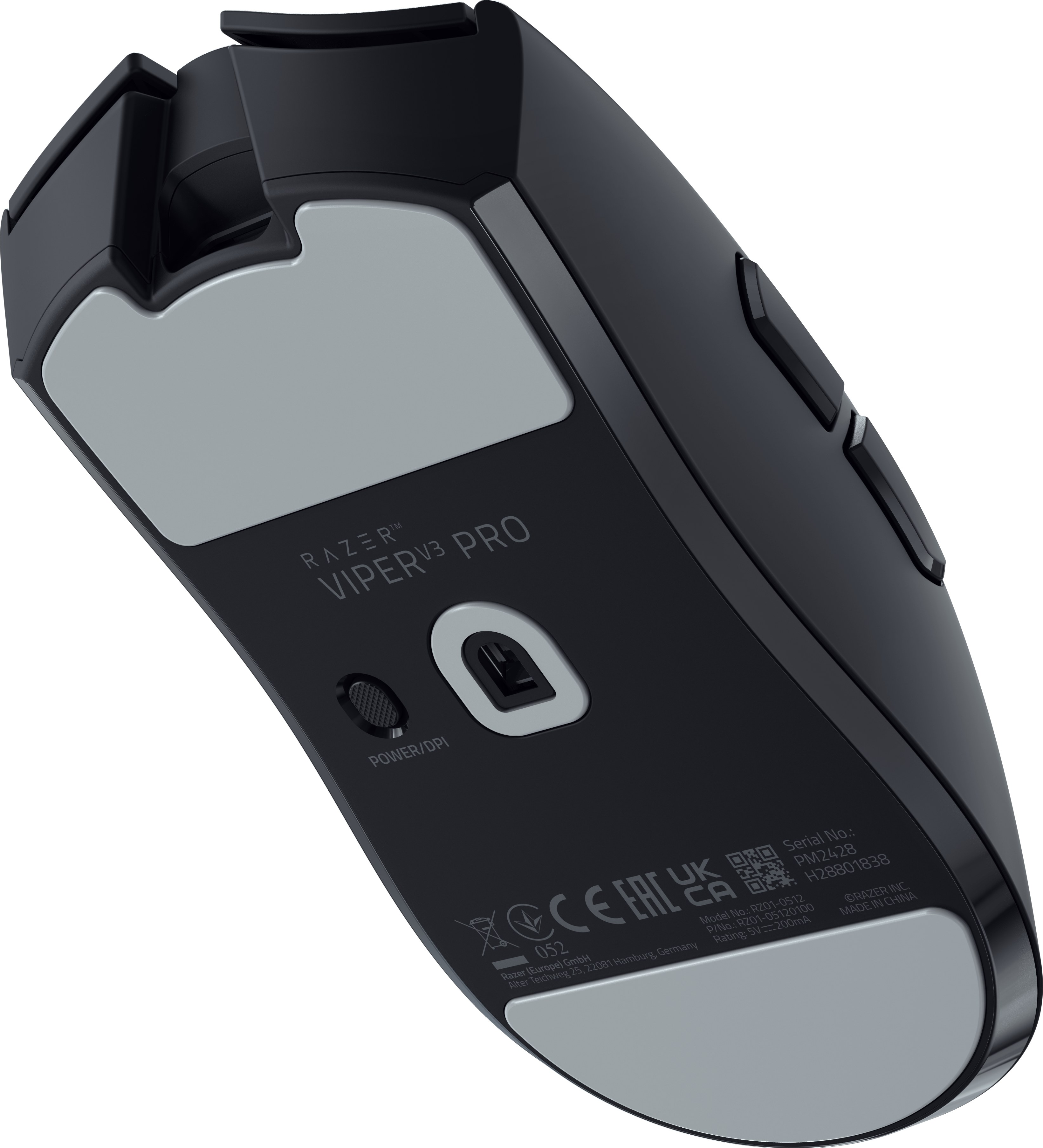 Schwarze Gaming-Maus, Unterseite. Razer-Logo sichtbar. Graue Akzente. Power/DPI-Schalter.