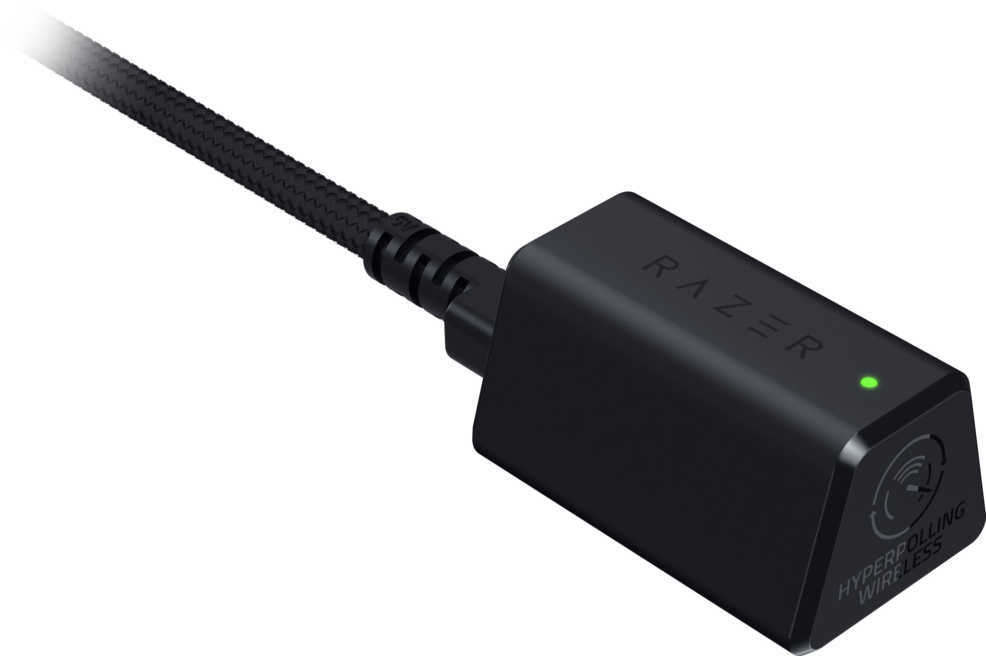 Schwarzer Razer HyperPolling Wireless Dongle, mit Kabel und grünem Licht.