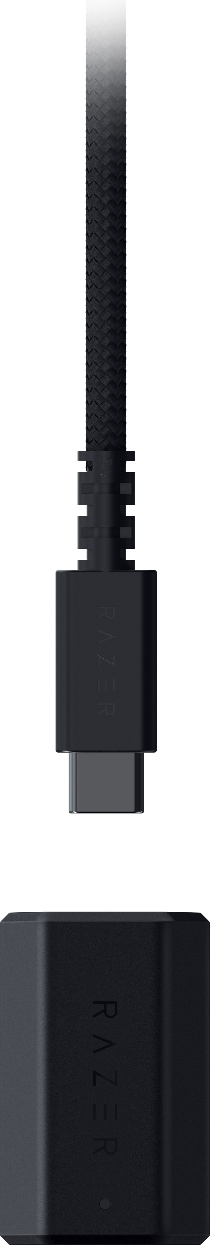Schwarzes Razer USB-C-Kabel und -Anschluss. Der Text "RAZER" ist sichtbar.