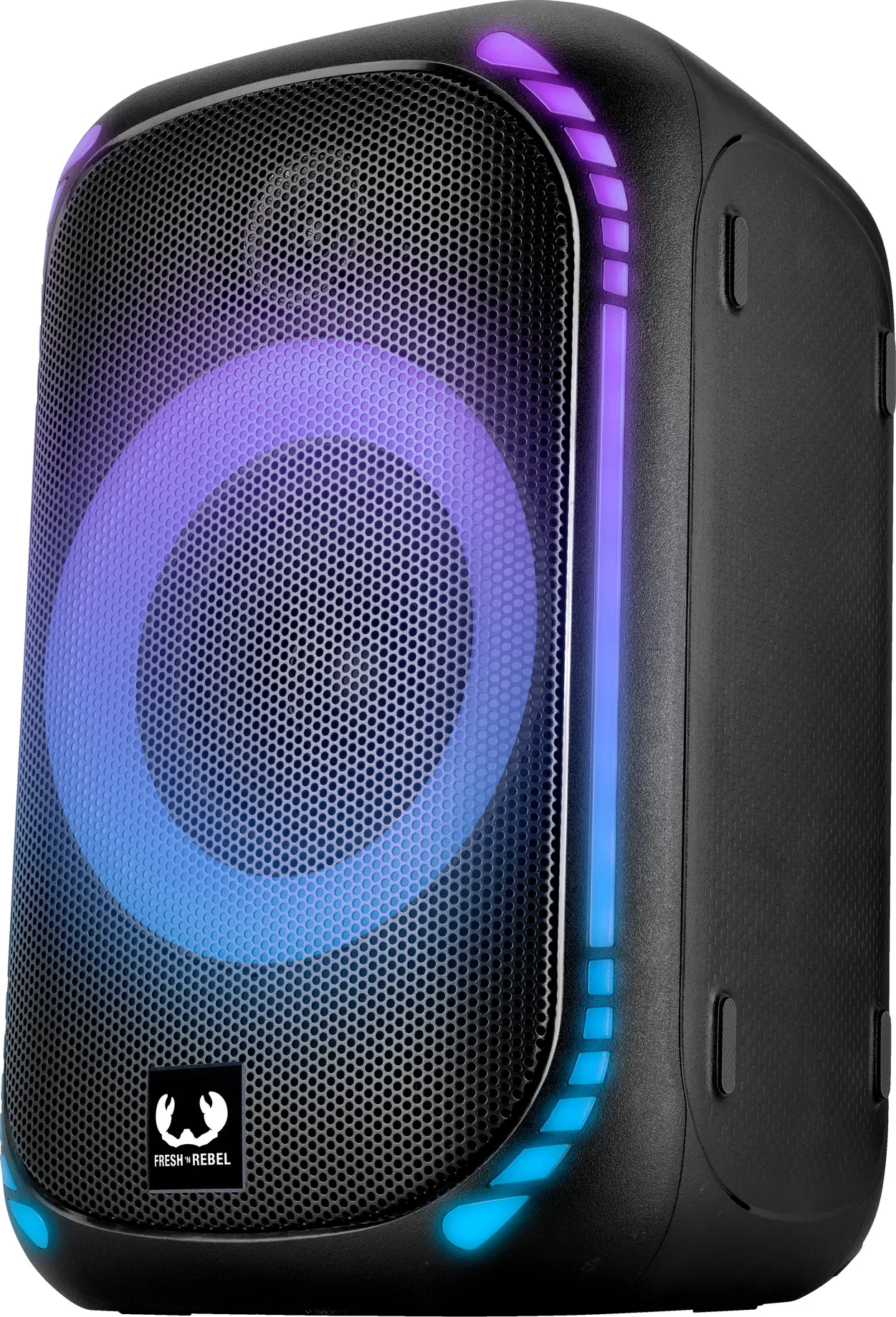 Schwarzer Lautsprecher mit Mesh-Front. Es hat ein leuchtendes blaues und violettes kreisförmiges Design und ein Logo. Die Seite hat einen blauen Lichtstreifen.