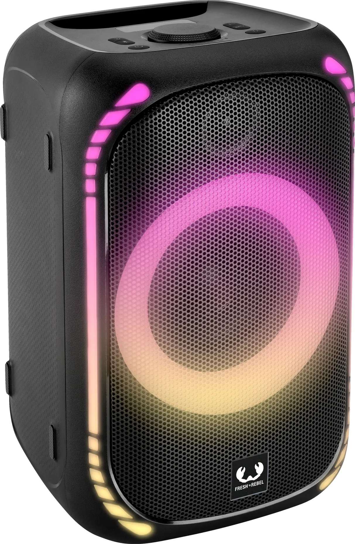 Ein schwarzer Lautsprecher mit Metallgitter. Es hat ein kreisförmiges Licht in der Mitte und rosa/gelbe Lichter an den Rändern.