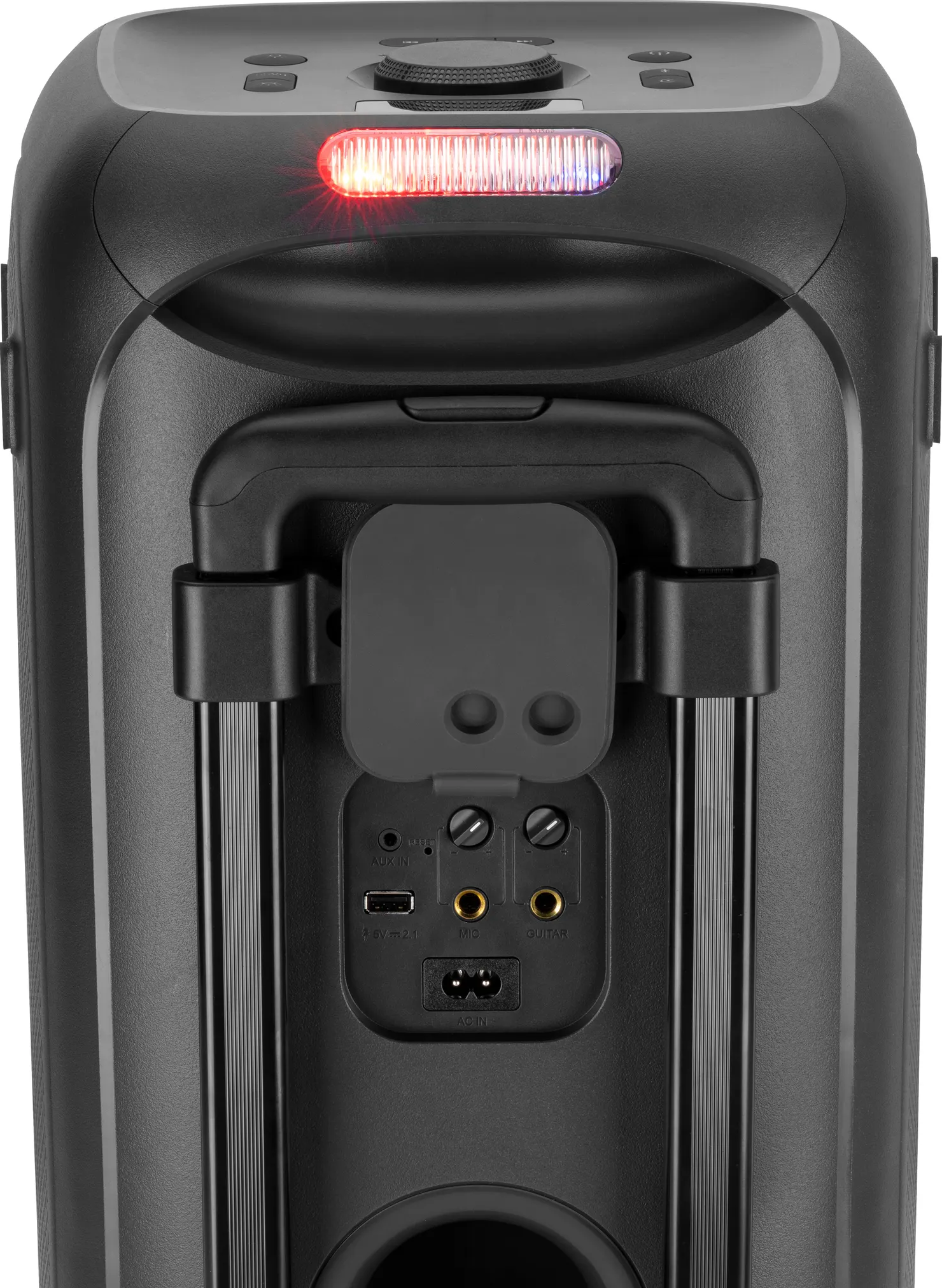 Schwarzer Lautsprecher mit Bedienelementen. Rote und blaue Lichter oben. Griff und Anschlüsse hinten. AUX, USB, MIC, Gitarre und AC-Eingänge.