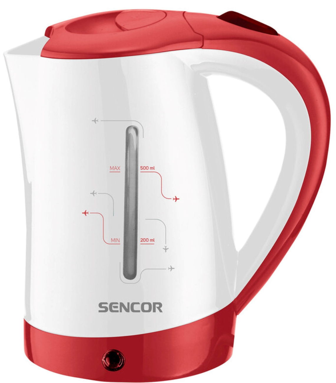 Biało-czerwony czajnik elektryczny ze wskaźnikami poziomu wody i logo SENCOR.