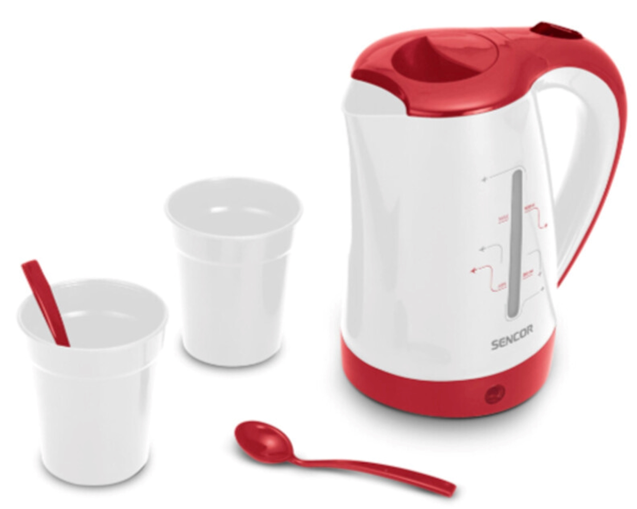 Biało-czerwony czajnik elektryczny, dwie białe filiżanki i czerwona łyżka na białej powierzchni.