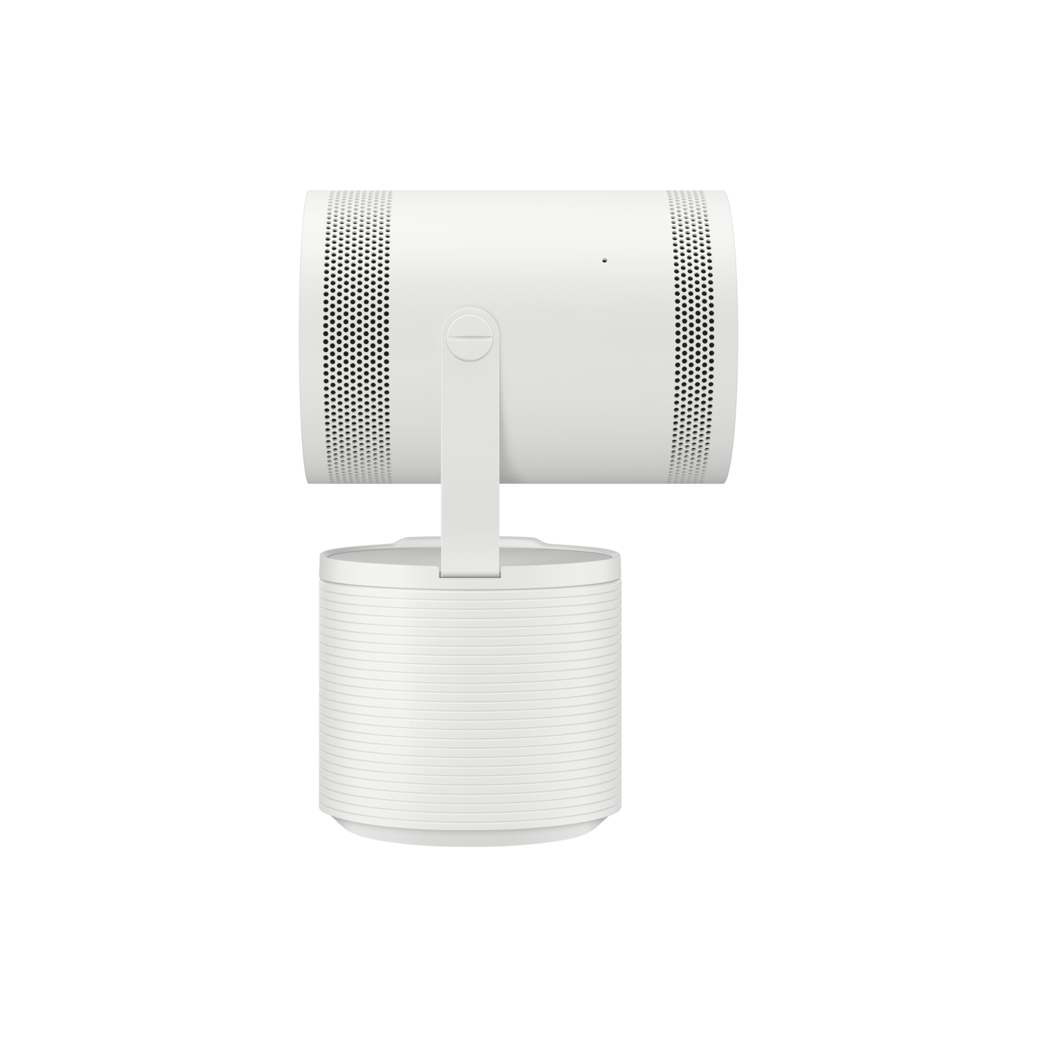 Een witte cilindrische projector op een witte basis, met een witte steunarm.
