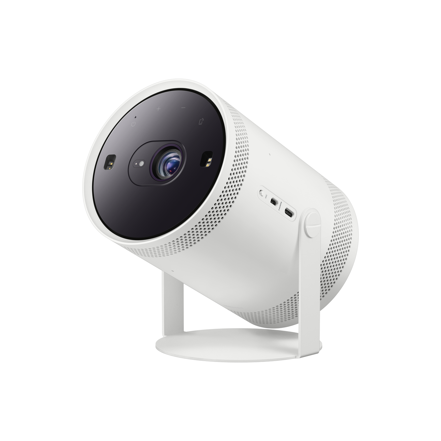 Witte, cilindervormige projector met zwarte lens en poorten. Hij staat op een witte voet.