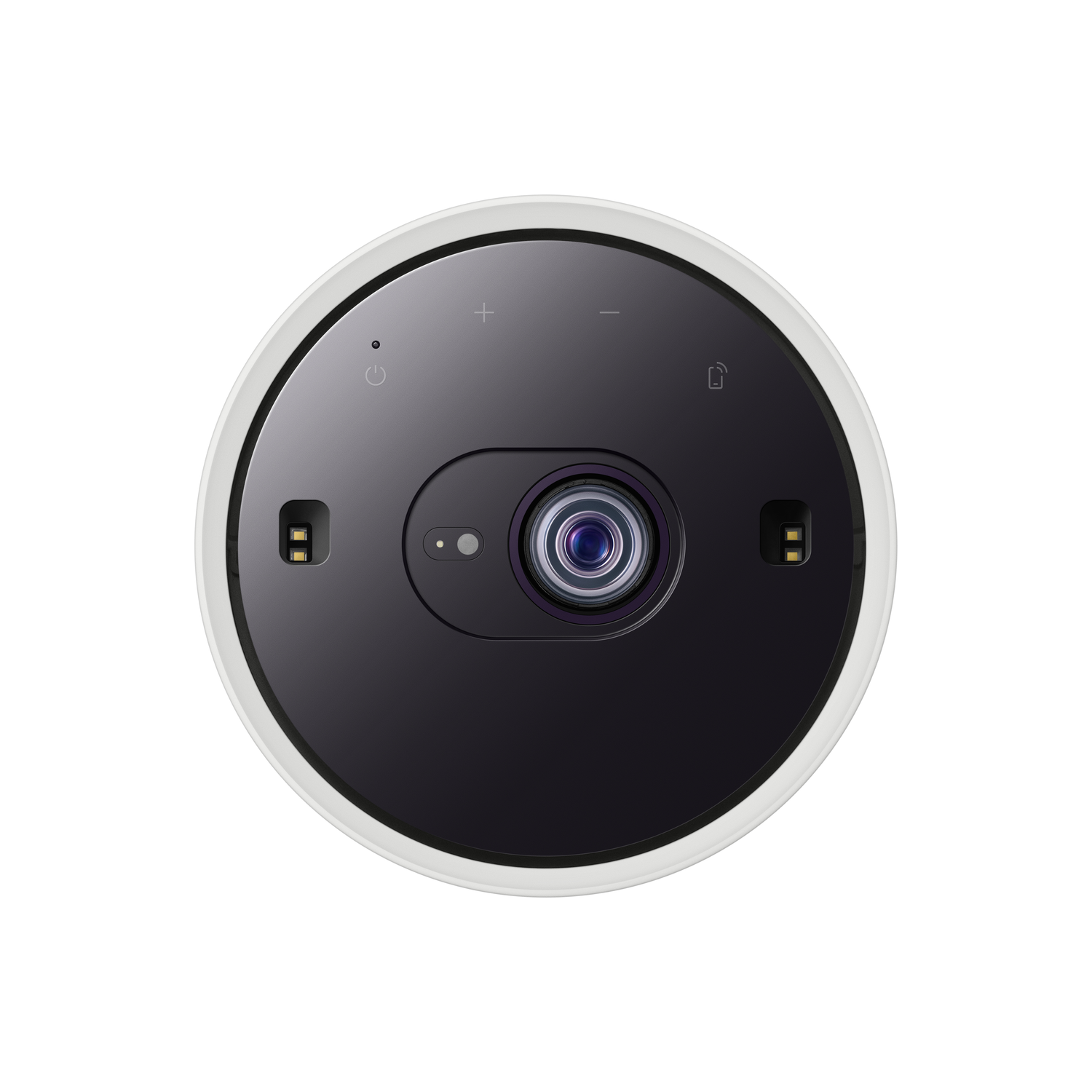 Bovenaanzicht van een witte projector met een zwart midden, met lens en bedieningselementen.